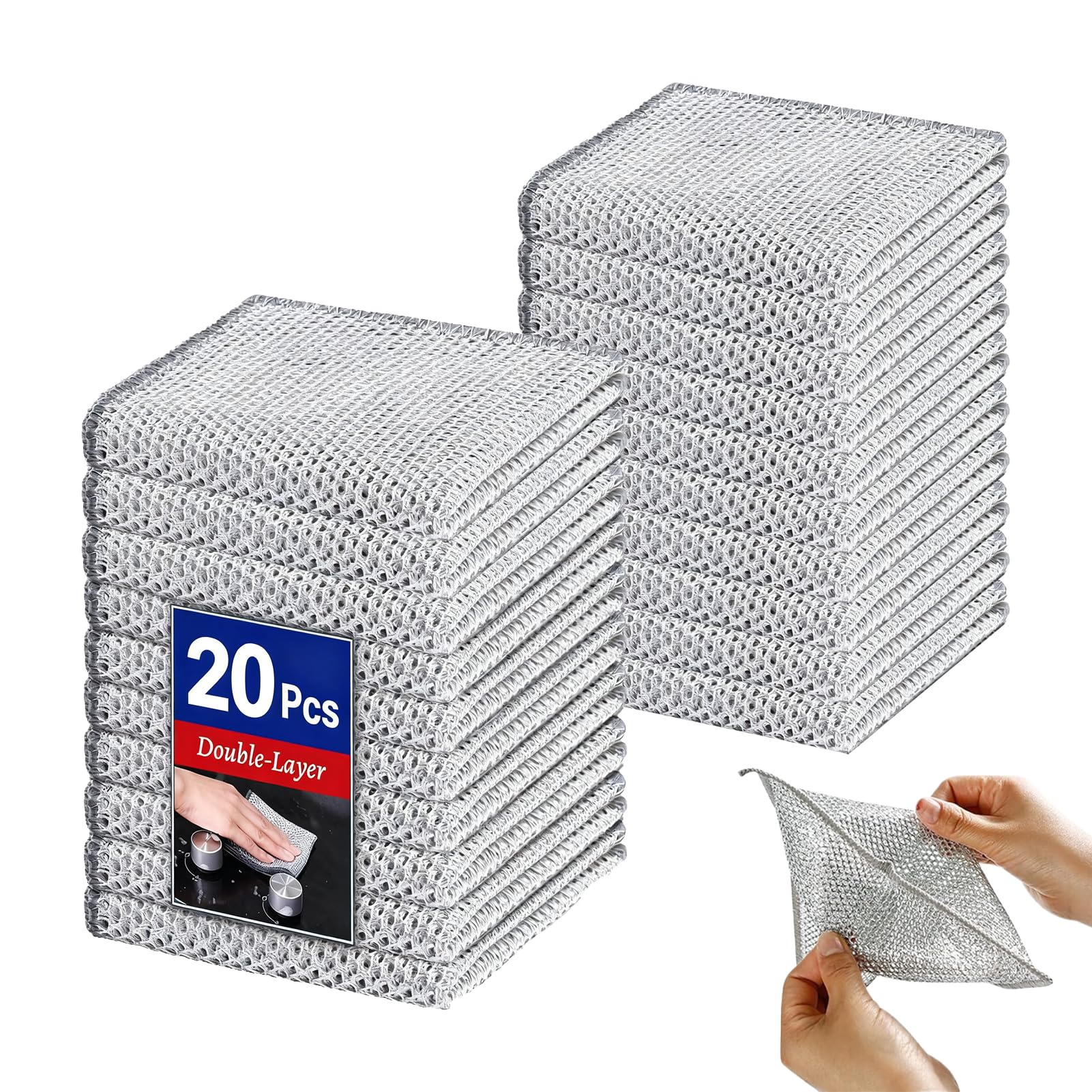 20 Pcs Double Layer Wire Cleaning Cloths Dishcloths for Washing Up 20x20cm Non Scratch Multipurpose Stainless Steel Wash Cloth Dishwashing Rags Reusable Metal Mesh Washing Dishcloth for Kitchen