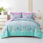 DHSFKBE King Size Comforter Set, 7 Piece Bed in a Bag, Boho Aqua and Lilac Damask Medallion Print Comforter with Sheets, Soft Microfiber Complete Bedding Set for All Season (Aqua, King)