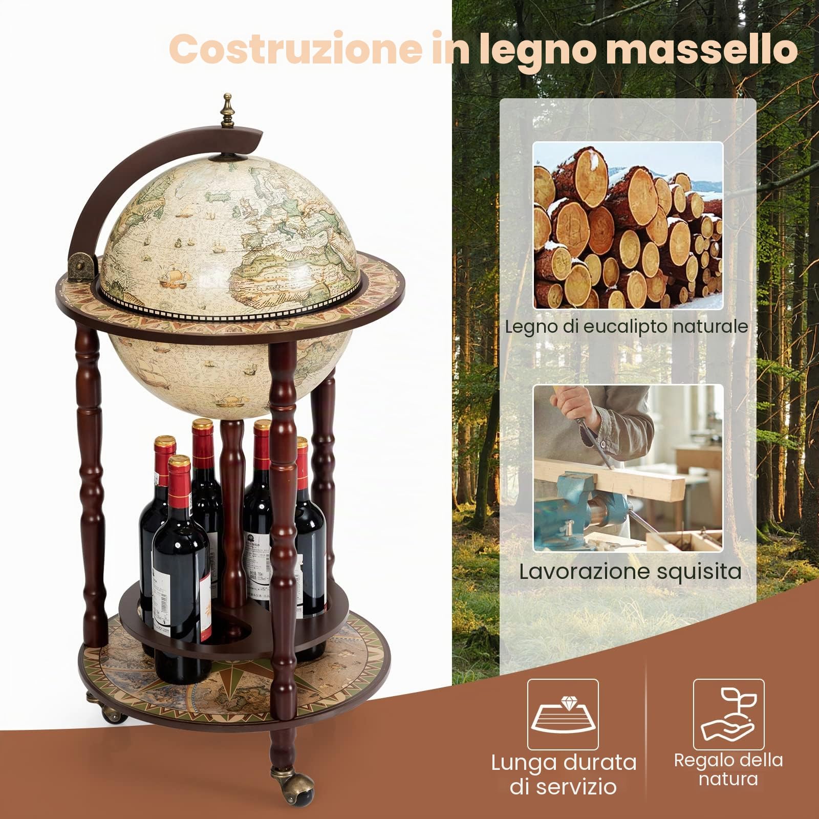 GIANTEX Portavino a Mappamondo con Ruote in Stile Retrò