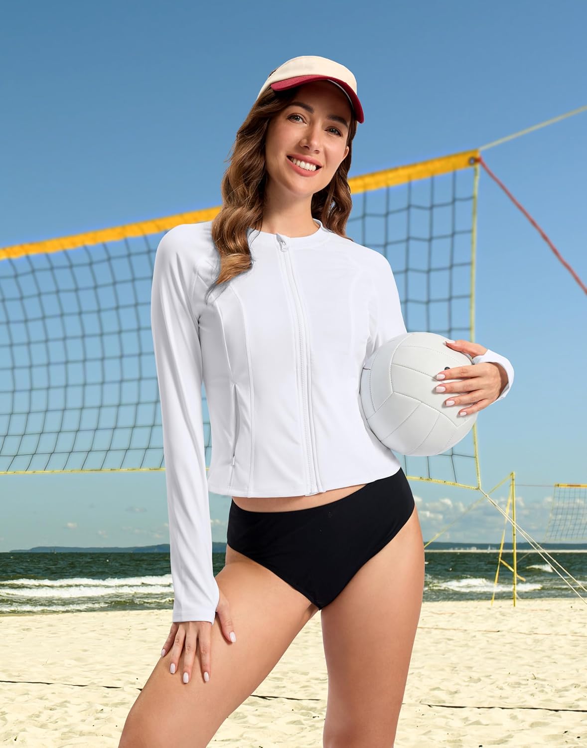 SANTINY Cropped Rash Guard Women Swimsuits with Zipper Pockets UPF50+ Sun Protection Long Sleeve Swim Shirt Crop Tops - Image 6