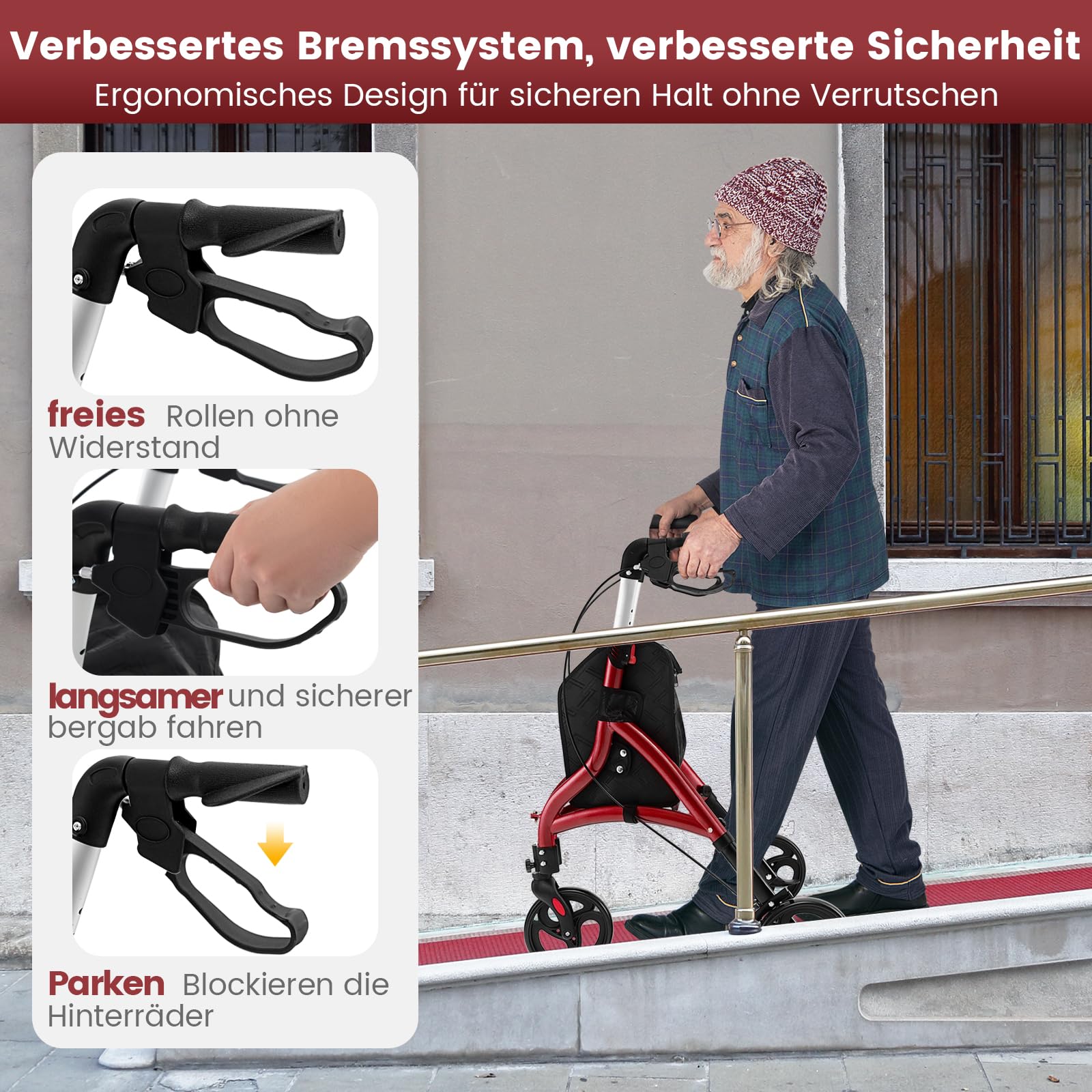 COSTWAY Rollator schmal für Wohnung, Dreirad, faltbar und leicht, Gehhilfe 6-fach höhenverstellbar, Gehwagen mit Tasche & Bremse, Aluminiumrahmen, klappbar für Senioren & Erwachsene (Rot)