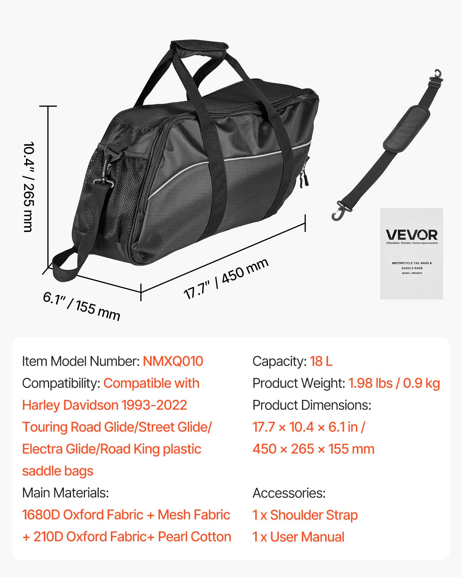 VEVOR Doublure de Sacoche Moto, 18 L, Sac intérieur de Selle Moto, en Tissu Oxford, Compatible avec Les sacoches Harley Davidson 1993-2022 Touring Road/Street Glide/Electra Glide/Road King, Noir