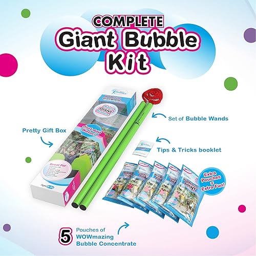 Vista 17 de WOWMAZING - Kit de varitas de burbujas gigantes: Juego de 4 piezas, incluye varita, 2 bolsas de concentrado de burbujas grandes, folleto de consejos
