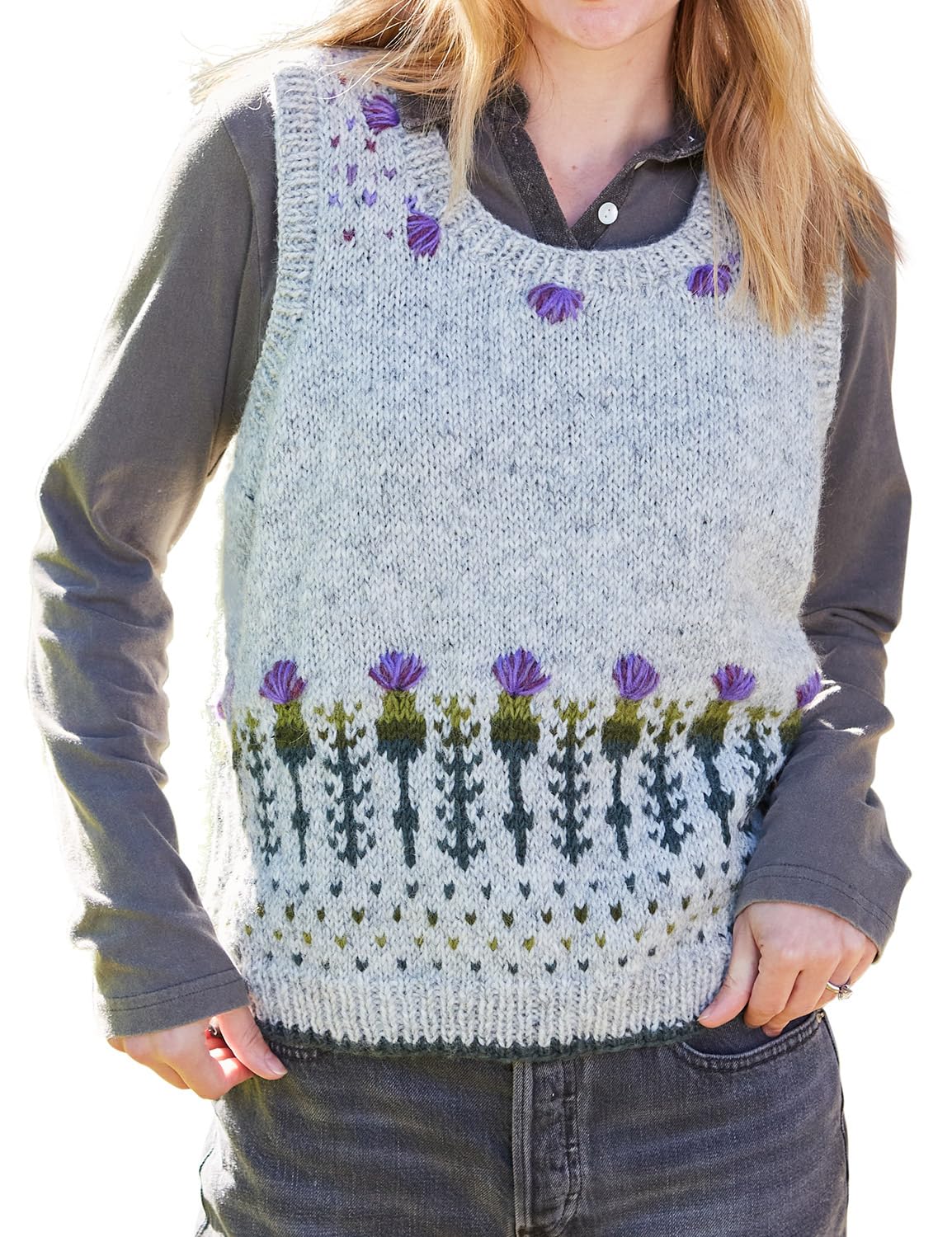 Pachamama Women Wool Tank Top Handknitted Scots Thistle Design Oatmeal Handmade Extra Warm Sleeveless Jumper Fair Trade (UK, Alpha, M, Regular, Regular) Multicoloured