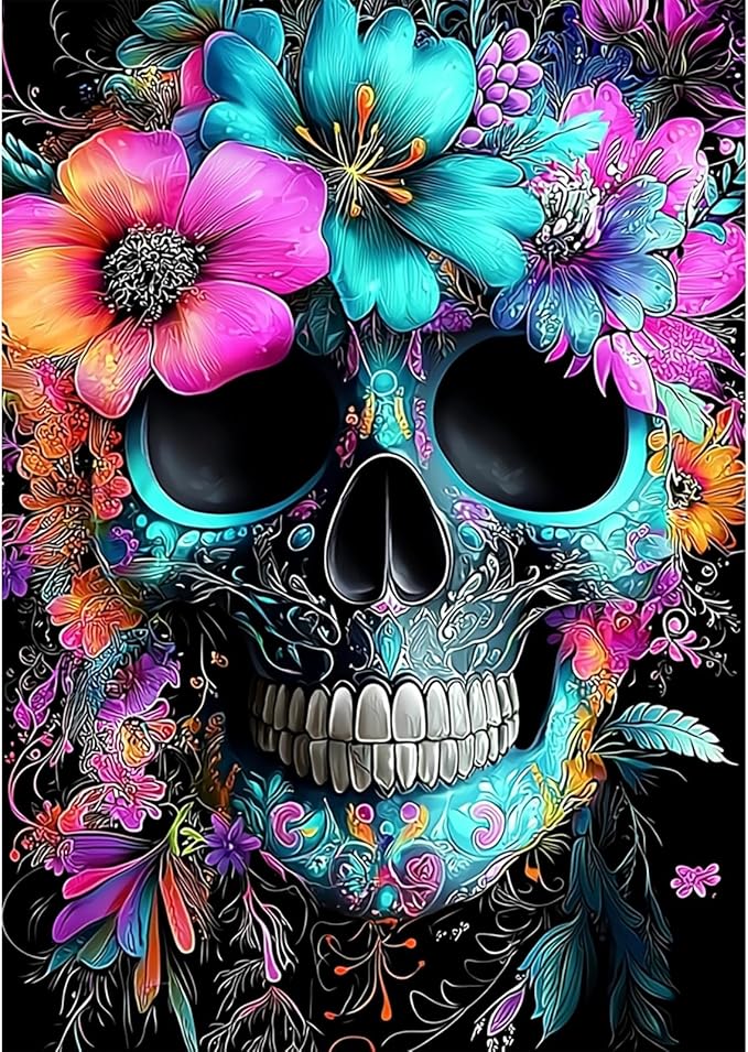 SENQAO Skull Flower Diamond Painting Kits for Adults, Sugar Skull Diamond Art Kit Beginners DIY 5D Full Drill Round Skeleton Diamond Painting Gem Art for Home Wall Decor Gift 12x16inch