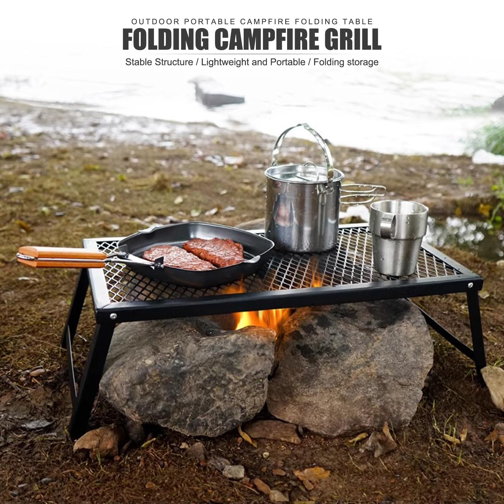 Griglia da Campeggio in Acciaio Resistente per Cottura a Fiamma Libera, Griglia da Cucina Portatile Pieghevole per Barbecue All'aperto, 55x30 Cm