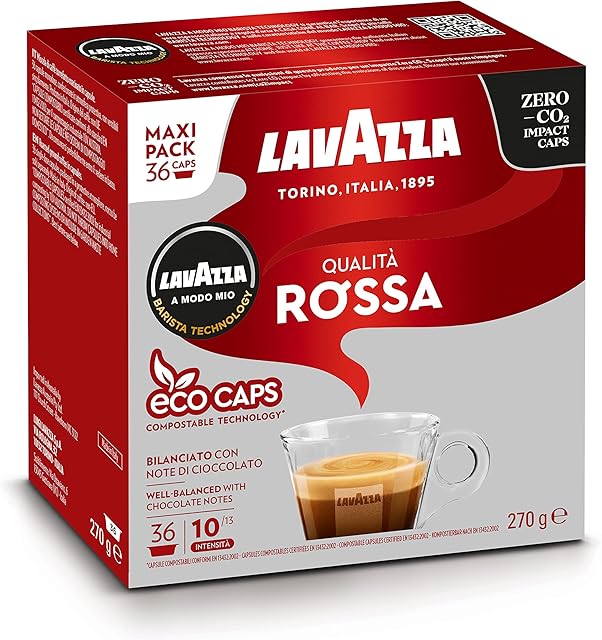 Lavazza A Modo Mio Qualità Rossa, Coffee Capsules, Arabica and Robusta, Full and Sustained Taste, Intensity 10/13, Medium Roasting, Perfect for a 40ml Espresso, Compostable, 36 Espresso Pods