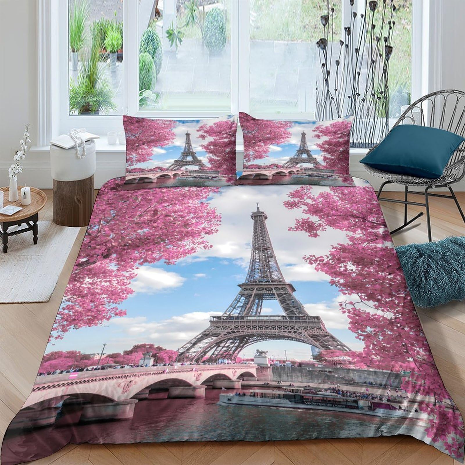 Ctjqhvkz Style-2 3D Printed Pink Sakura Eiffel Tower Fitted Sheet Microfiber Soft Anti-Slip Bed Sheet For Bedroom Guest Room Decor Single（135X200cm）