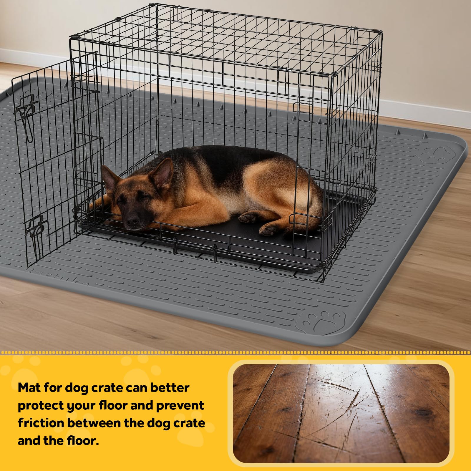 Tapis de boxe en silicone pour chien, tapis pour cages et chenil avec bord surélevé, tapis de lit pour chien, lavable, imperméable, anti-fuite, protège le sol (gris foncé, 132 x 88 cm)
