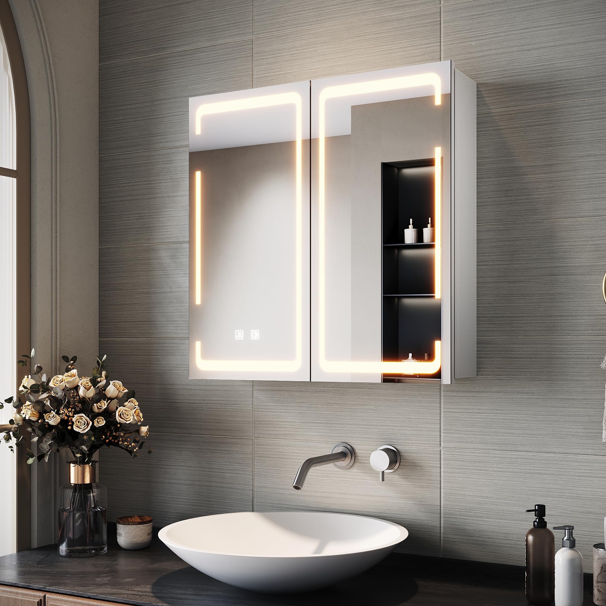 SIRHONA Armoire Miroir Salle de Bain avec Miroir, Armoire Pharmacie avec 3 Couleurs de Lumière Réglables et Anti-Buée, Armoire de Toilette avec Charnière Aans Fil, 59 x 60 x 14cm