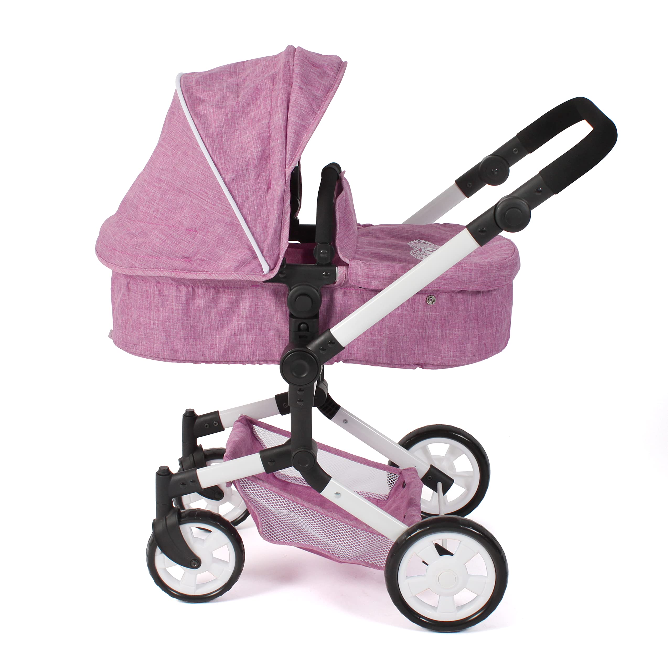Bayer Chic 2000 - Passeggino per bambole Linus, passeggino combinato 3 in 1 per bambini dai 4 agli 8 anni, set di passeggino per bambole, jeans rosa