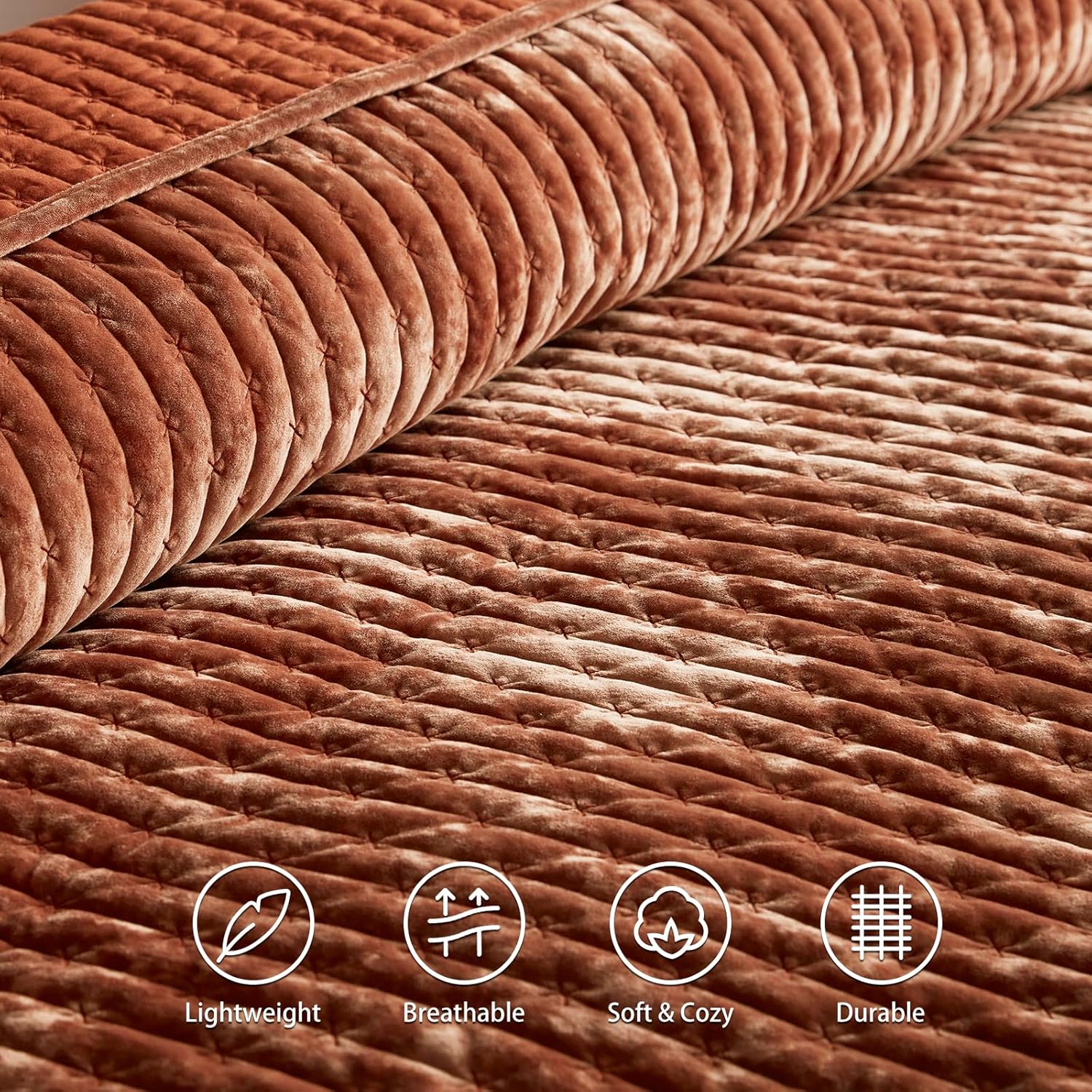 LEAONME Velvet Quilt California King Size 118''x106'', Lightweight Burnt Orange Velvet Comforter Set with 2 Matching Shams, Soft Cross Stitch Bedspread, Oversized King Quilt Set for All Season - Image 5