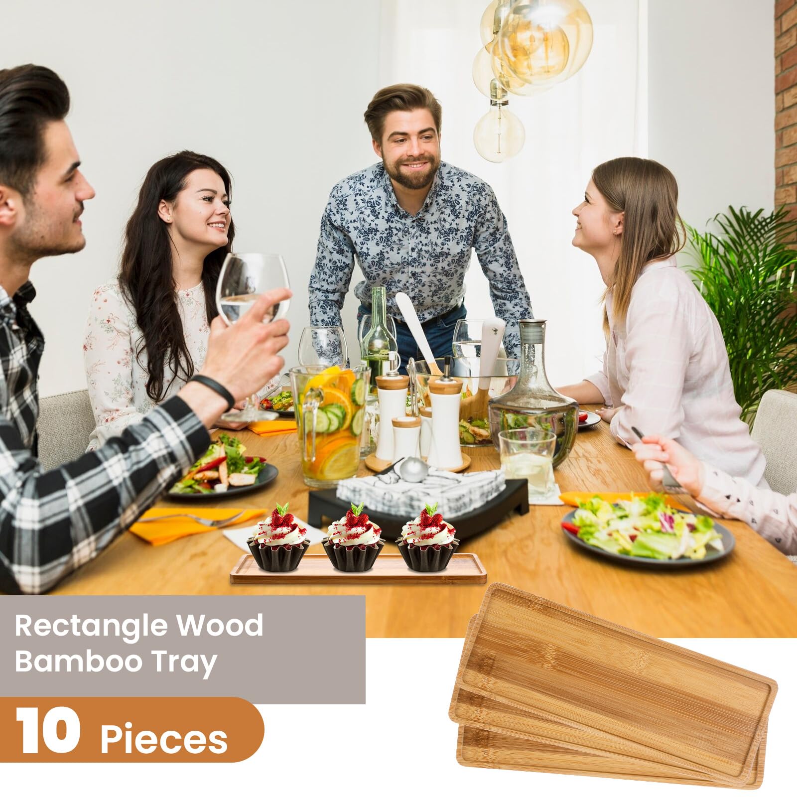 10 bandejas rectangulares de madera de bambú para servir de bambú, bandeja de servir de madera para baño, plato de encimera para comida para cena y cocina