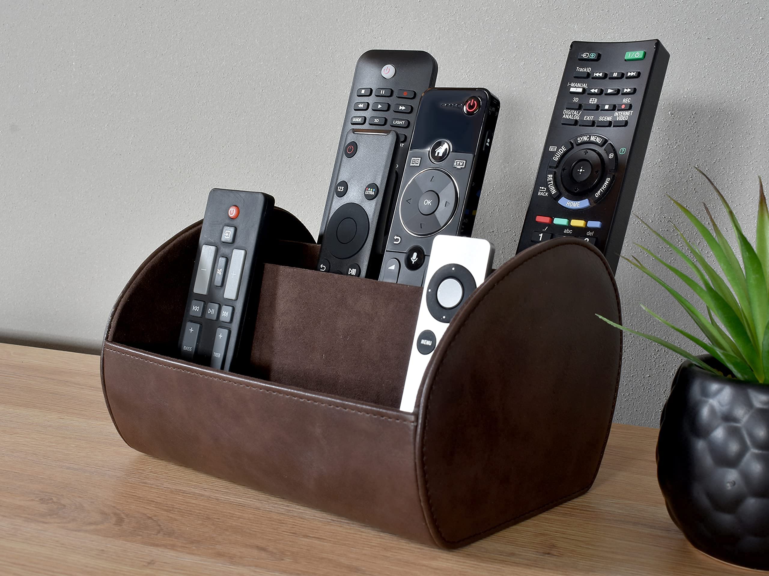 Brown Remote Control Holder, 3 Wide Compartments (up to 9 remotes