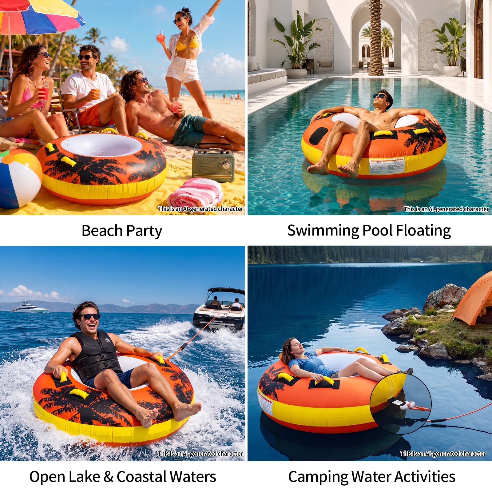 SMOOL Towable Tube für Boote für 1 Person,Donut Wasserreifen aufblasbar für Kinder & Erwachsene mit 4 Griffen und Zugseil,Wasser Schleppring für Boot & Jetski, Wasserreifen zum Ziehen,Wassersport-Spaß