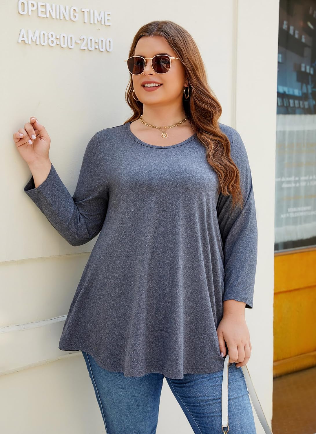 Womens Tunic Tops 3/4 Sleeve Plus Size Crew Neck Swing Flare Loose Fit T-Shirt Blouses to Wear with Leggings - Image 7