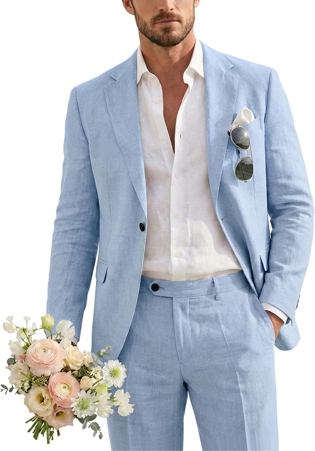 MrSure Mens 2 Piece Regular Fit Linen Suit, Casual Blazer Pants Set, Lightweight Jacket Trouser for Wedding Prom