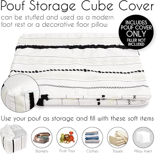 Miniatura 6 de Sweet Jojo Designs Funda de puf otomano a rayas neutras sin relleno, taburete cuadrado, cubo cuadrado, almacenamiento de bebé, cuarto de bebé,