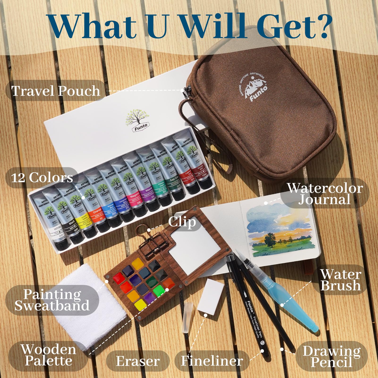 Funto Mini Aquarell Reise-Set, 12-Farben Nachfüllbares Kunst-Reise-Set, All-in-One Mini-Malbedarf mit Tasche