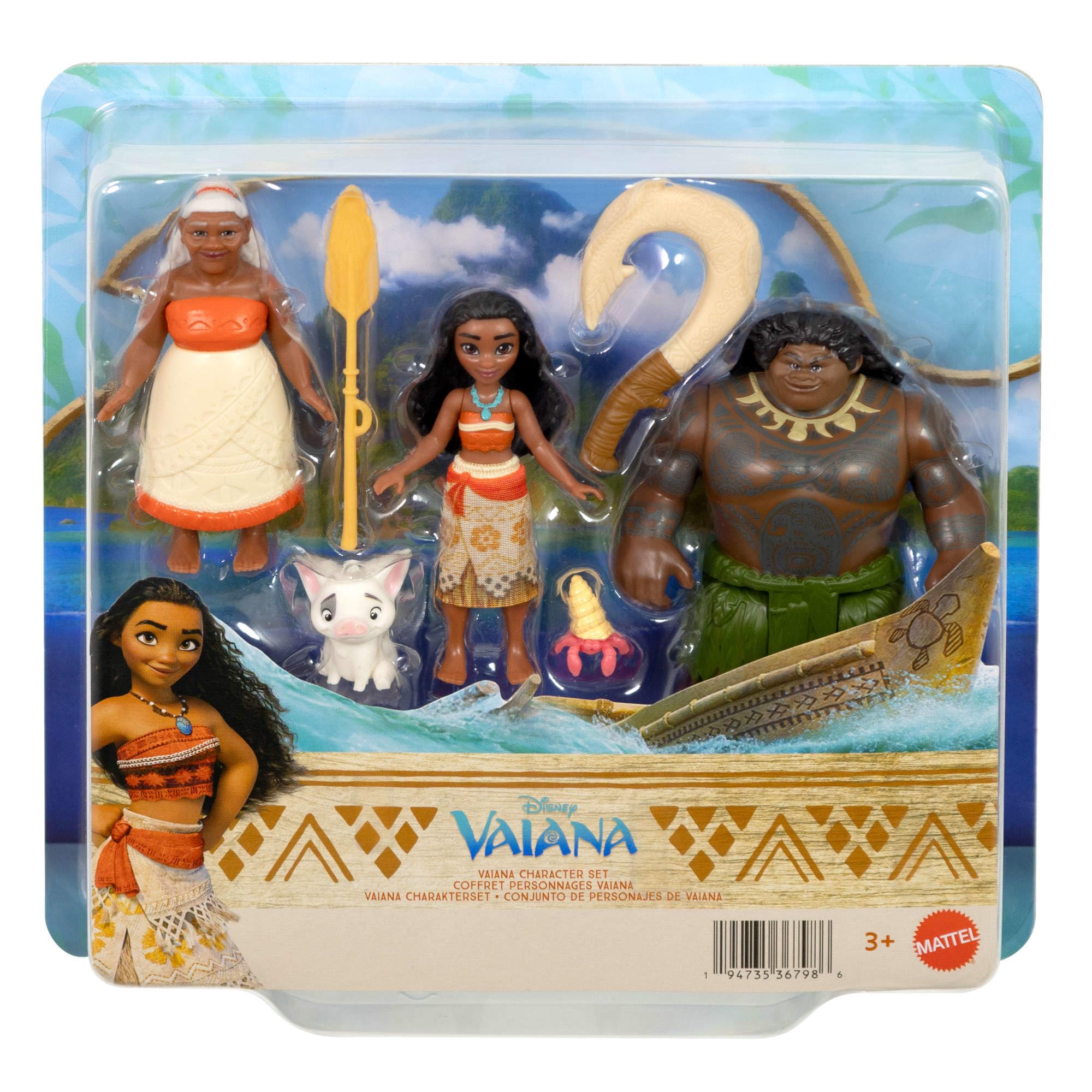 Mattel Disney Vaiana kleine Puppen im 3er-Set mit Vaiana, dem Halbgott Maui und Gramma Tala sowie dem Schwein Pua, Krabbenfigur und 2 Zubehörteilen, vom Film inspiriert, JLN21