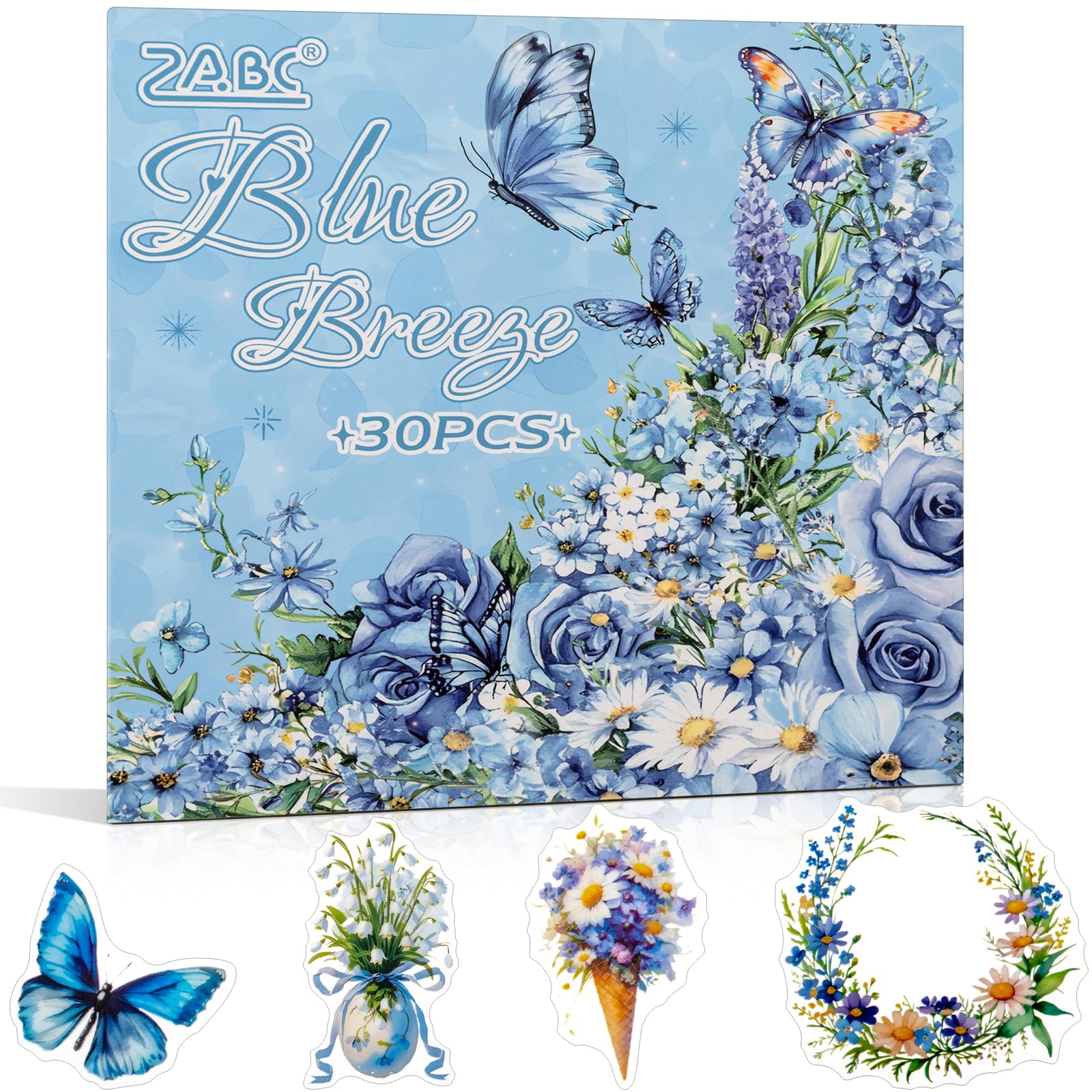 Blue Butterfly Garden Theme Sticker Set for Scrapbooking & Junk Journal - 30 PET Stickers, Vintage Journaling Stickers (TZ-005-002)