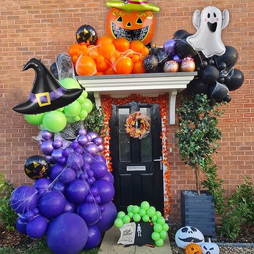 Miniatura 11 de Kit de arco de guirnalda de globos de Halloween de 139 piezas, globos negros y naranjas, globos de Mylar con adhesivo de murciélago 3D, decoración