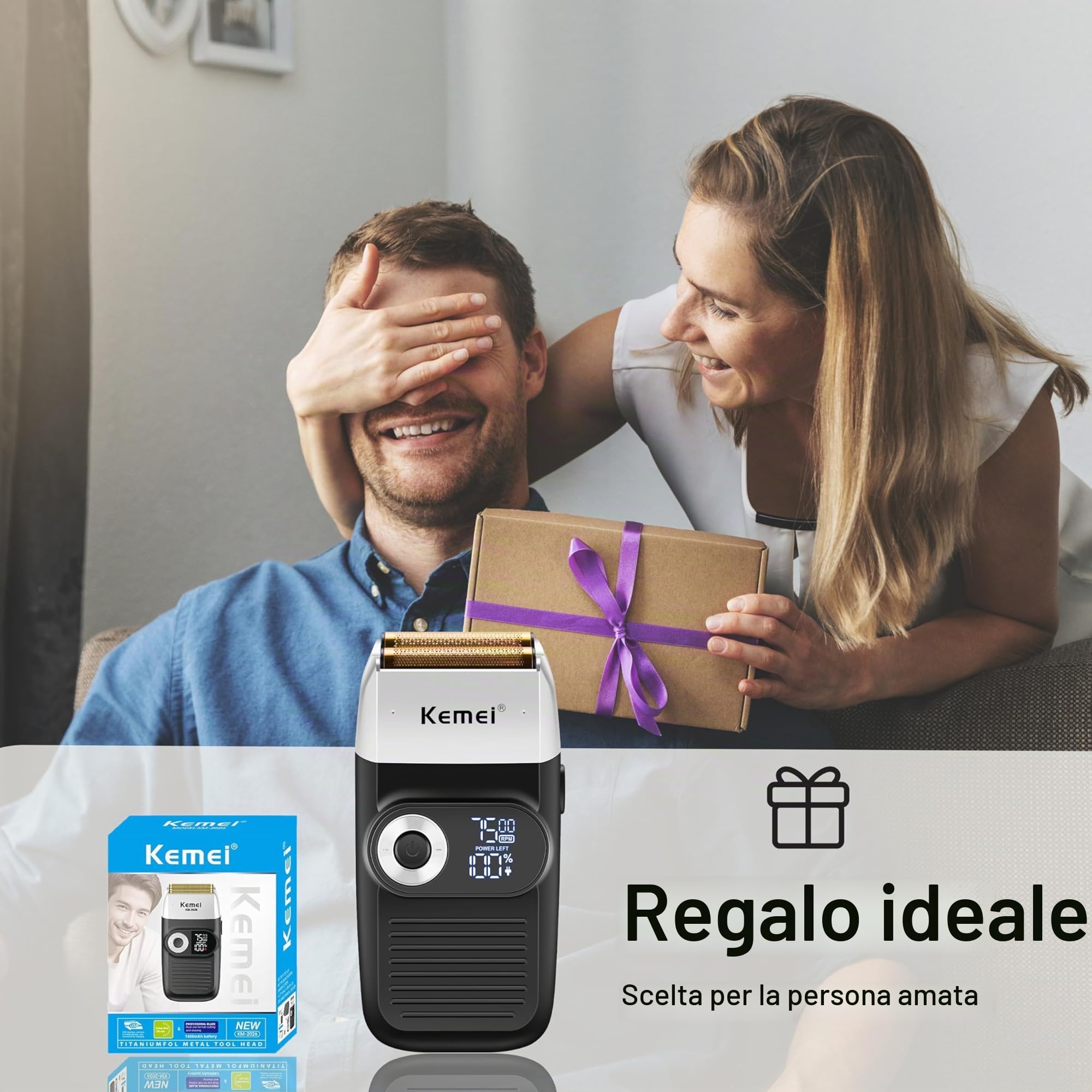 Kemei Rasoio elettrico a lamina per uomo con rifinitura della calvizie Rasoi elettrici senza filo con display a LED,Regali per la Festa Del Papà