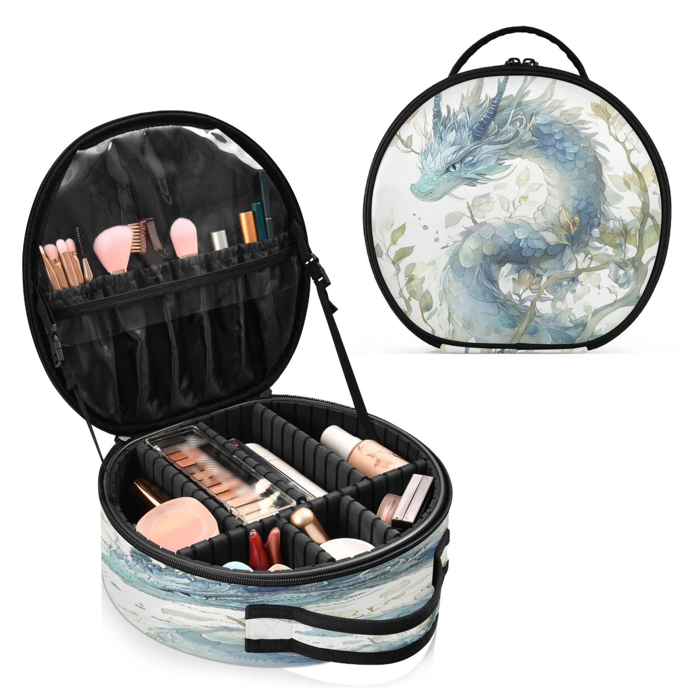 Takiito Blue Green Dragon Foliage Travel Makeup Case Portable Makeup Box Artist Cosmetic Case Organizer With Adjustable Dividers
