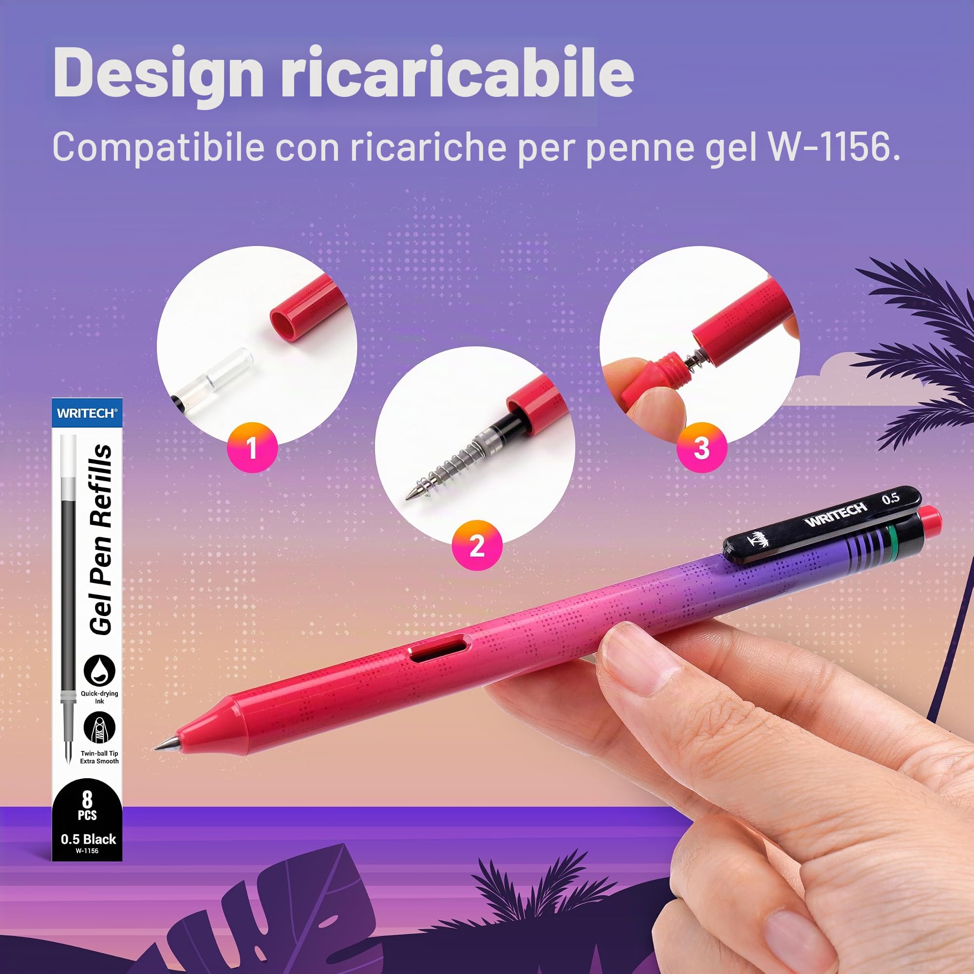 WRITECH Penne a gel con inchiostro nero: confezione da 8 Penne Retrowave a punta fine da 0,5 mm - Scrittura fluida, click silenzioso e ricaricabili, perfette per la scuola, l'ufficio e l'uso