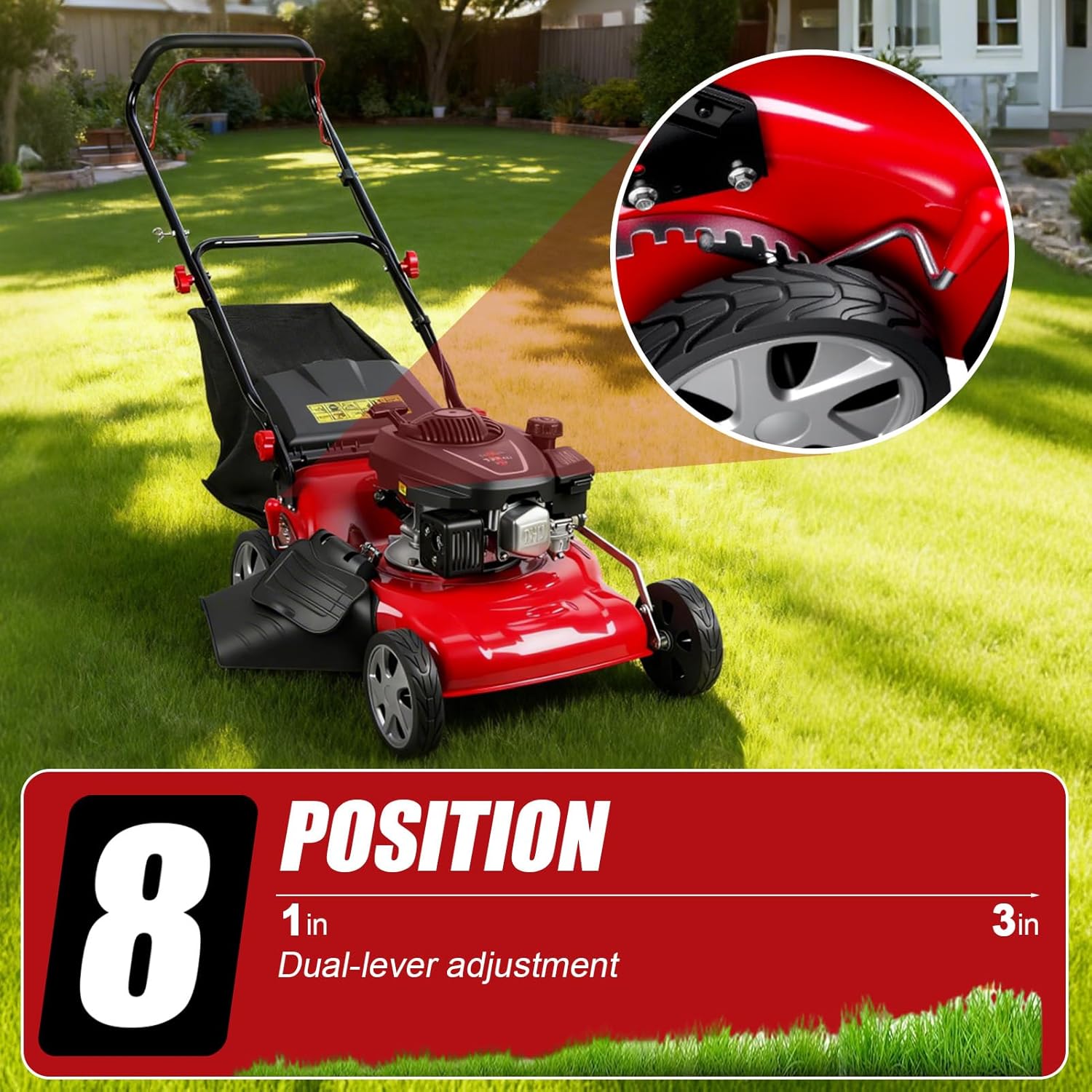 3 in 1 Gas Lawn Mower, Self Propelled Lawnmower, 131cc 4-Cycle Push Lawn Mower with 50L Grass Tank, Bagging, Mulching, and Side Discharge, 8-Position Lever Height Adjustment (Red A)