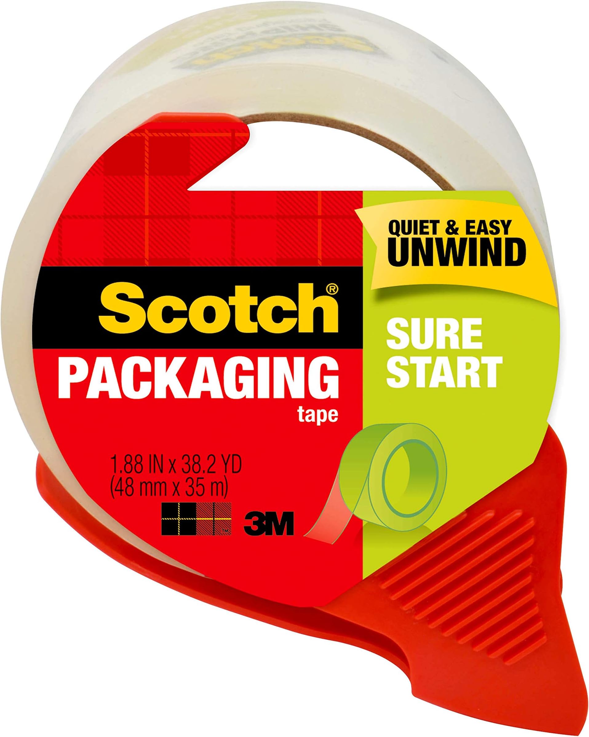 Scotch Sure Start Shipping Packaging Tape, 1.88"x 38.2 yd, Designed for Packing, Shipping and Mailing, Quiet Unwind, No Splitting or Tearing, 1.5" Core, Clear, 1 Dispensered Roll