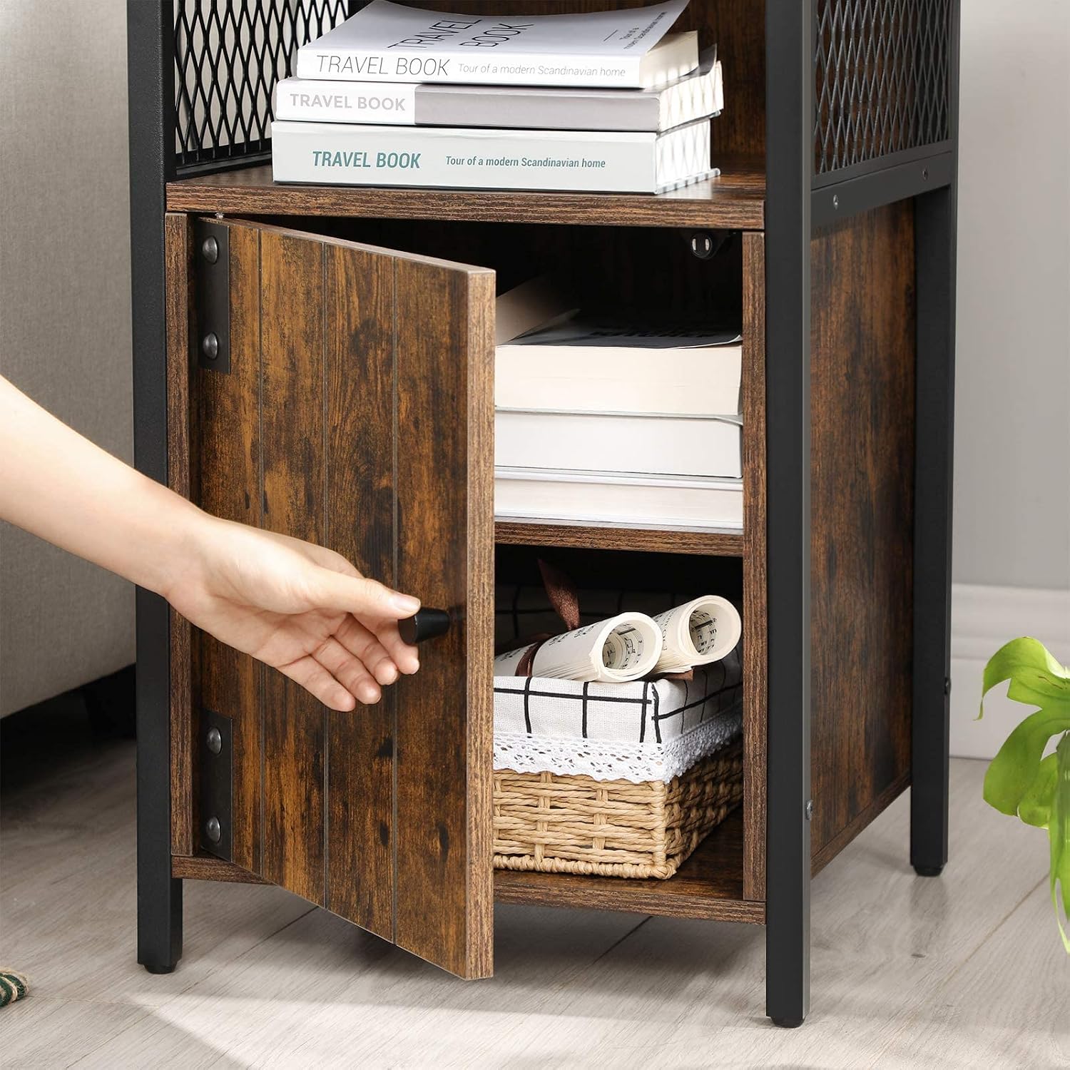 VASAGLE Nightstand,End Table with Open Shelf and Storage Cabinet,Large Capacity, Easy to Assemble, Rustic Brown and Black ULET068B01