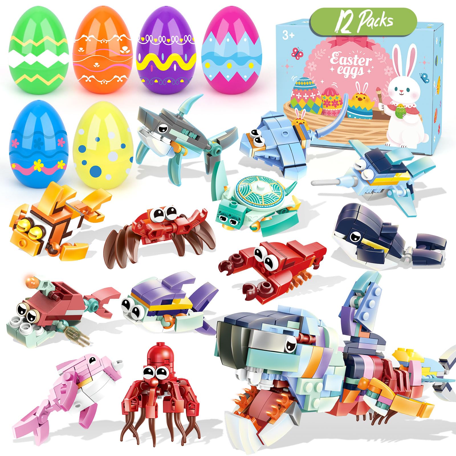 12 Pack Easter Eggs with Toys,Easter Basket Stuffers,Aquatic Creatures Building Blocks,Prefilled Plastic Easter Eggs Gifts for Boys,Party Favors for Kids Classroom,Toys for 3+ Years Old Boys