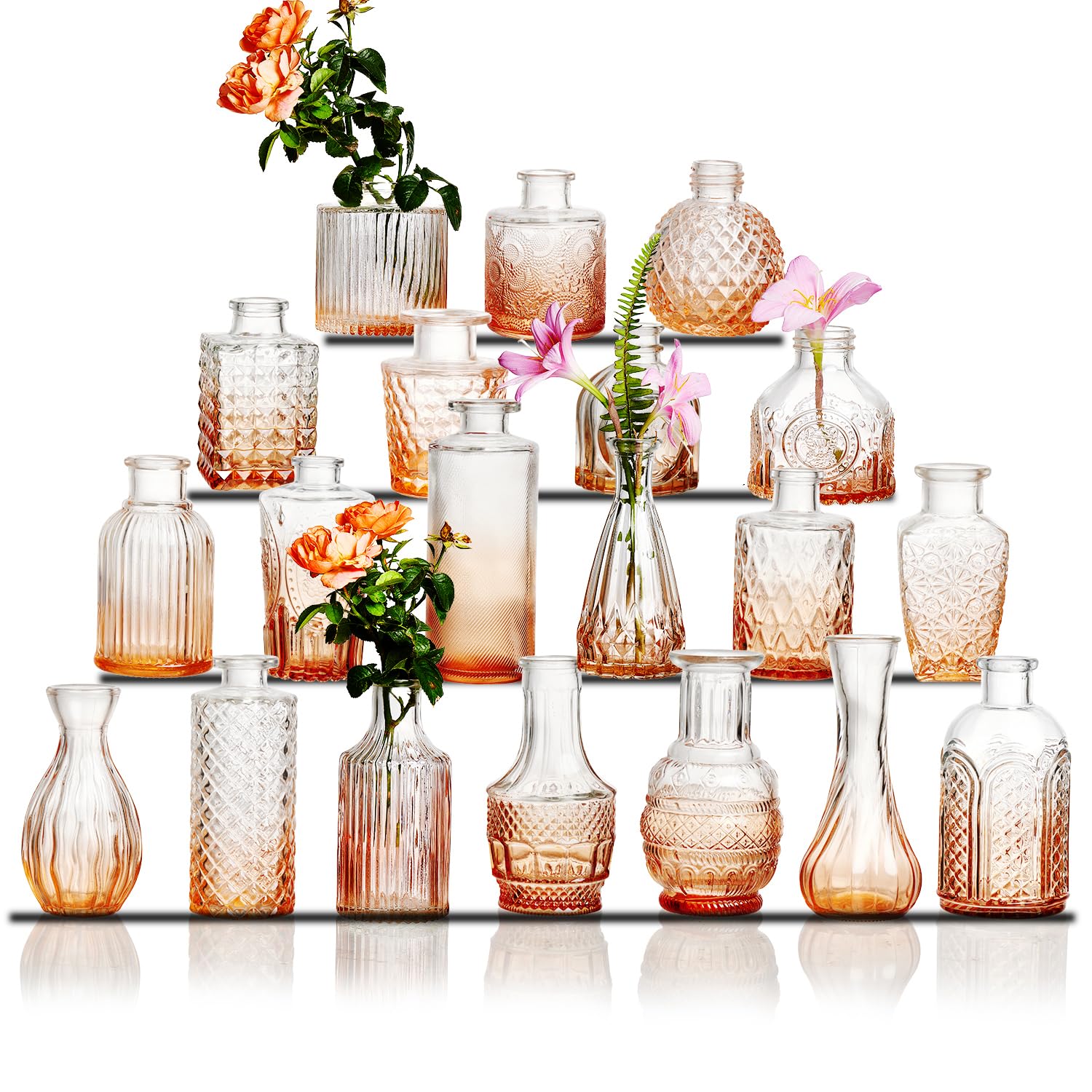 Photo 1 of Glass  Vase Set of 20 - Small Vases for Flowers in Bulk - Assorted Vintage Crystal Vases for Flowers, Table Centerpieces (Amber, 20 Pcs)