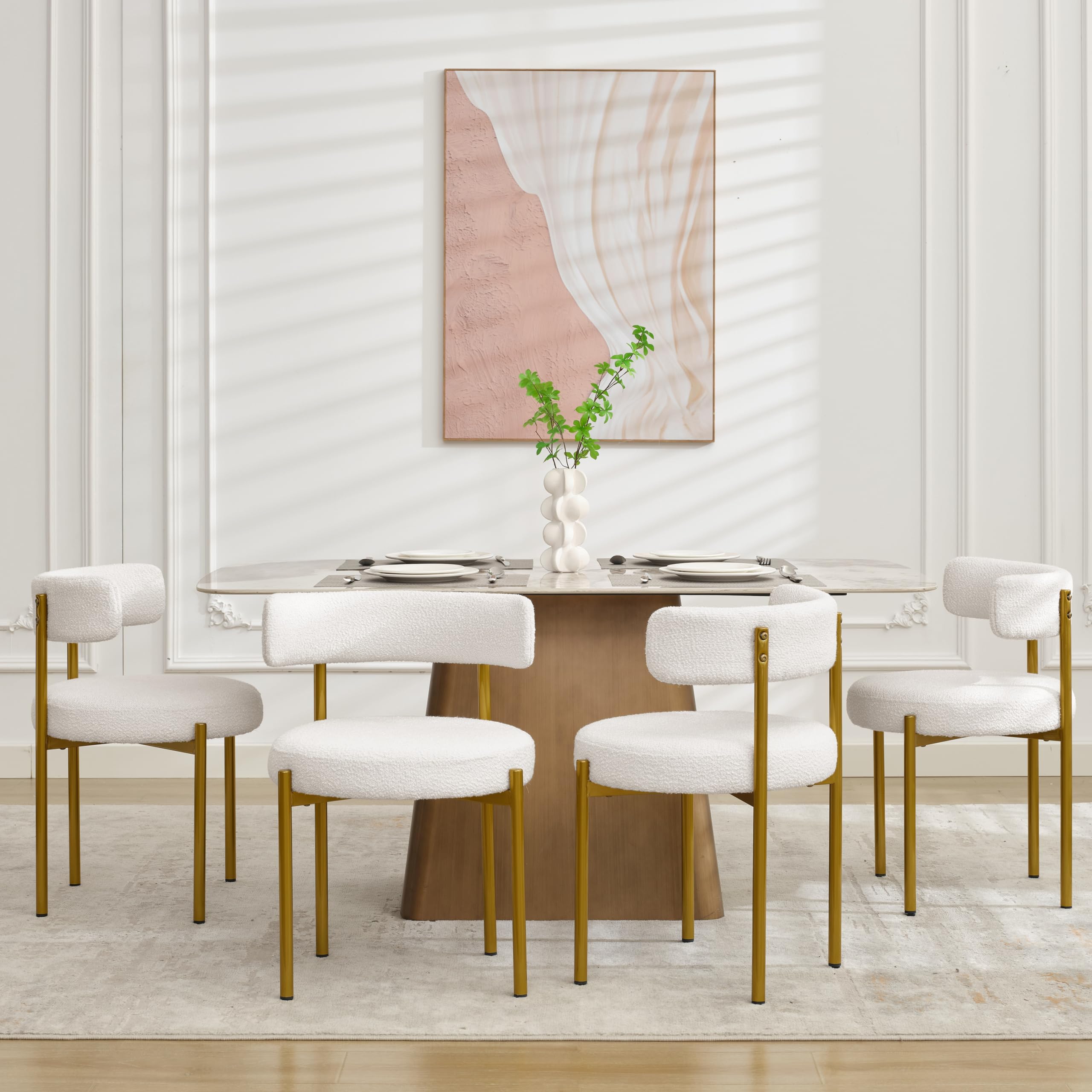 White Dining Chairs Set of 4, Boucle Dining Chairs, Upholstered Kitchen and Dining Room Chairs, Mid-Century Modern Dining Chairs with Gold Metal Legs