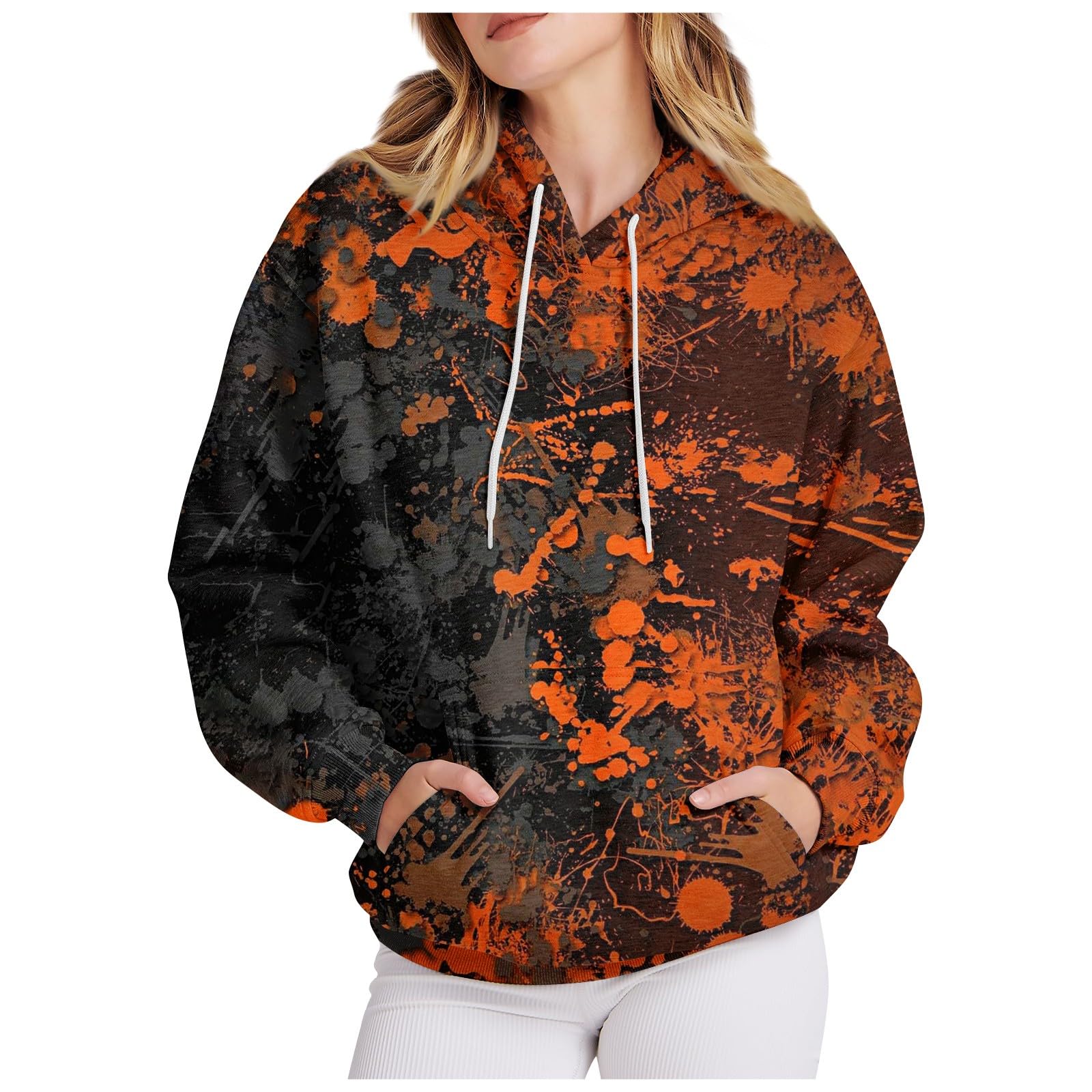 Halloween Pumpkin Sweatshirts Oversized Drawstring Hoodie Y2k Fleece Tops Fall Winter Daily Clothes With Pocket