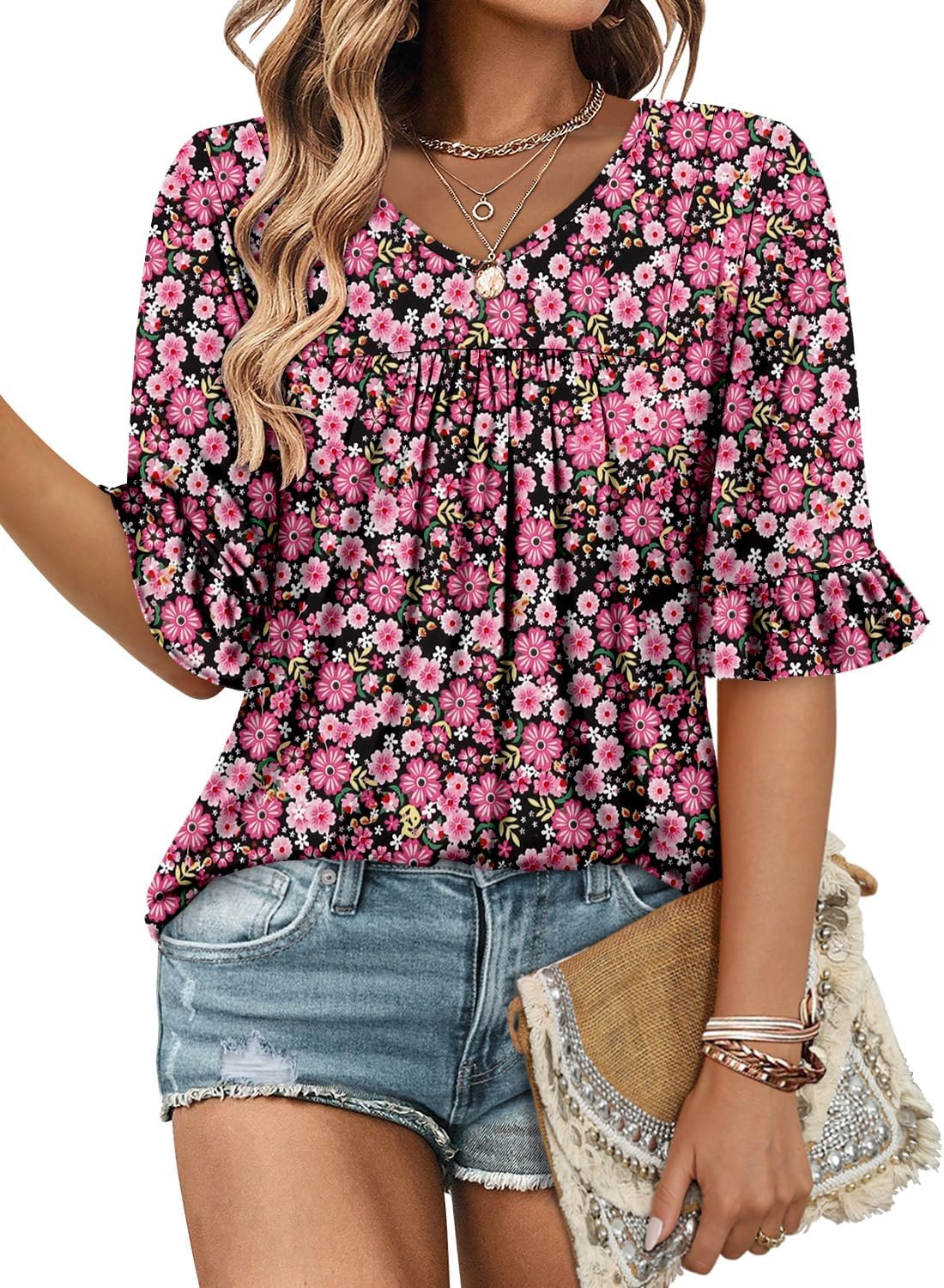 ROSELINLIN Half Sleeve Top for Women Summer Dressy Casual Tunic Top