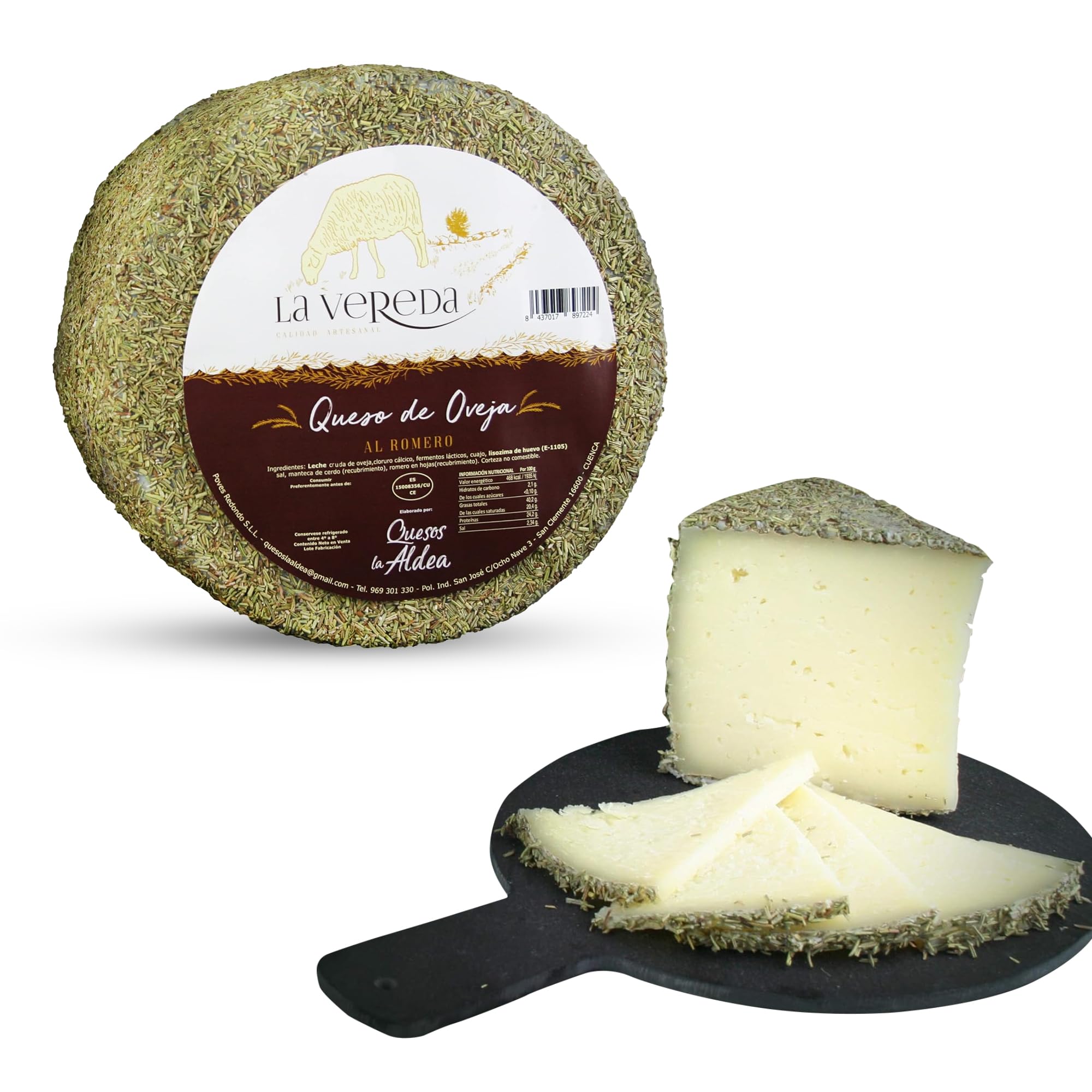 Fromages La Aldea | Fromage Affiné de Brebis au Beurre et au Romarin 1 kg | Affinage 6 Mois | Morceau de Fromage au Lait Cru Artisanal | Coffret Cadeau Gourmand, Panier de Fromages Gourmands Cadeau