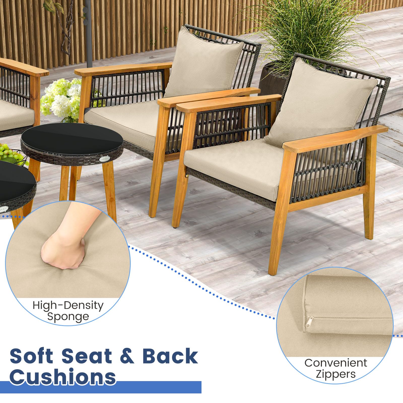 GIANTEX Gartenlounge Outdoor Möbelsets, 5-teiliges Rattan Gartenmöbel Set mit Akazienholzrahmen, Sitzgruppe für 4 Personen mit Sitzkissen, Balkonmöbel Kleiner Balkon, Terrassenmöbel Sitzgarnitur