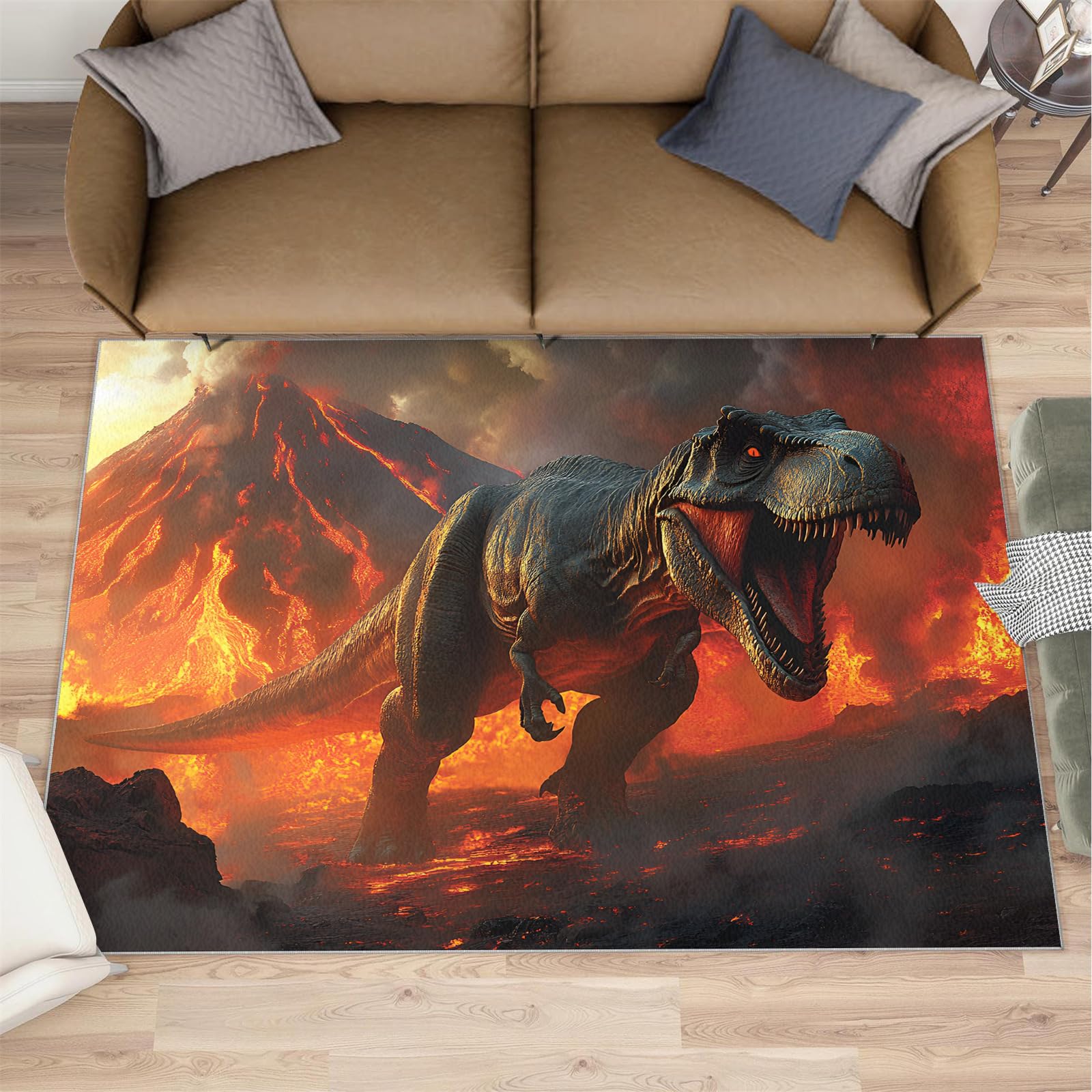Tapis dinosaure et décoration d'intérieur - Tapis Tyrannosaure Rex pour chambre à coucher, salon, garçons - Tapis lavable et antidérapant à poils courts - 150 x 180 cm
