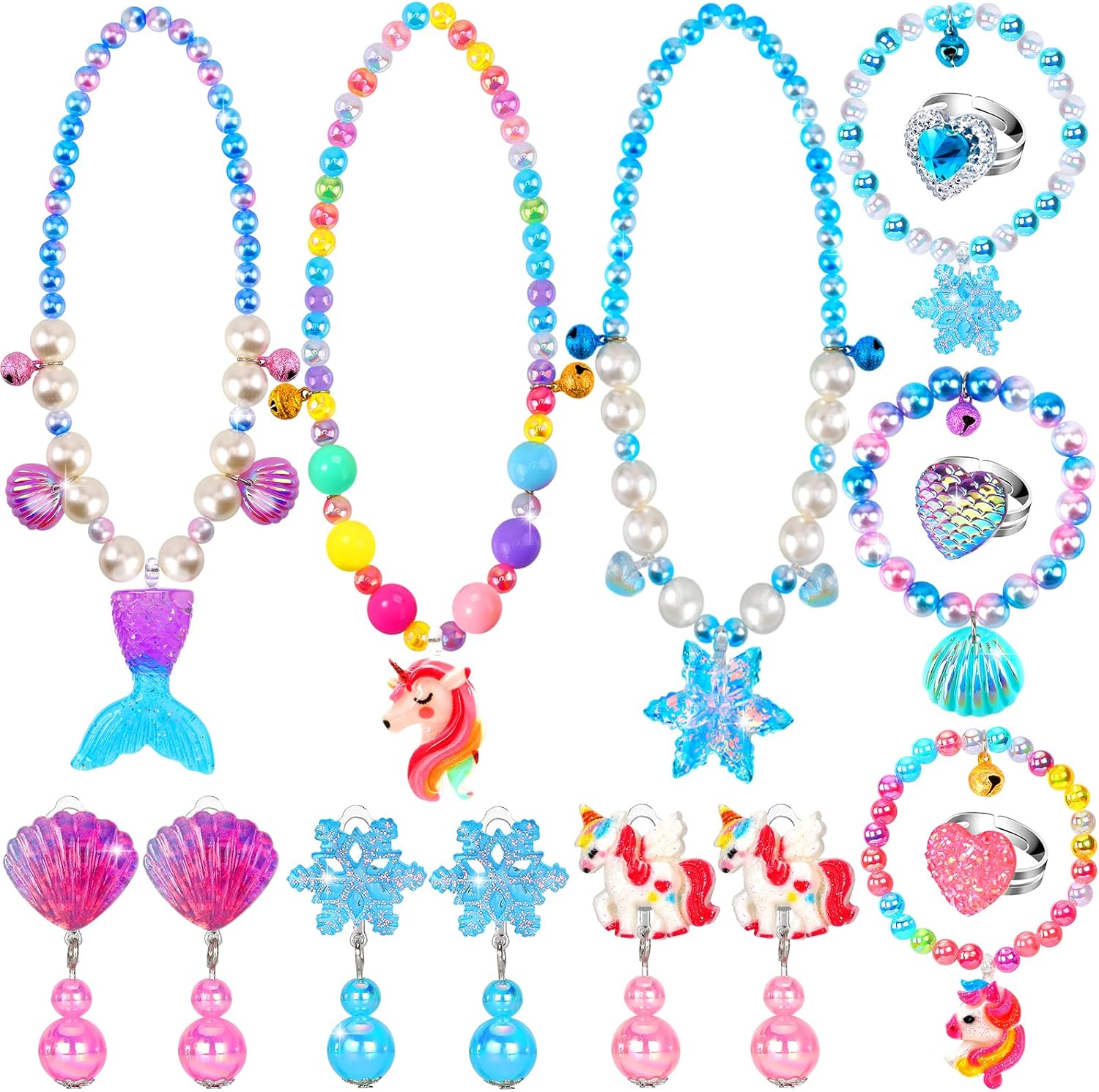 Jewelry Toys for Girls, Classic Unicorn Mermaid Frozen Themed Necklaces Bracelets Rings Earrings Set for Princess Dress Up Pretend Play, Toddler Costume Jewelry, Little Girls Christmas Birthday Gifts
