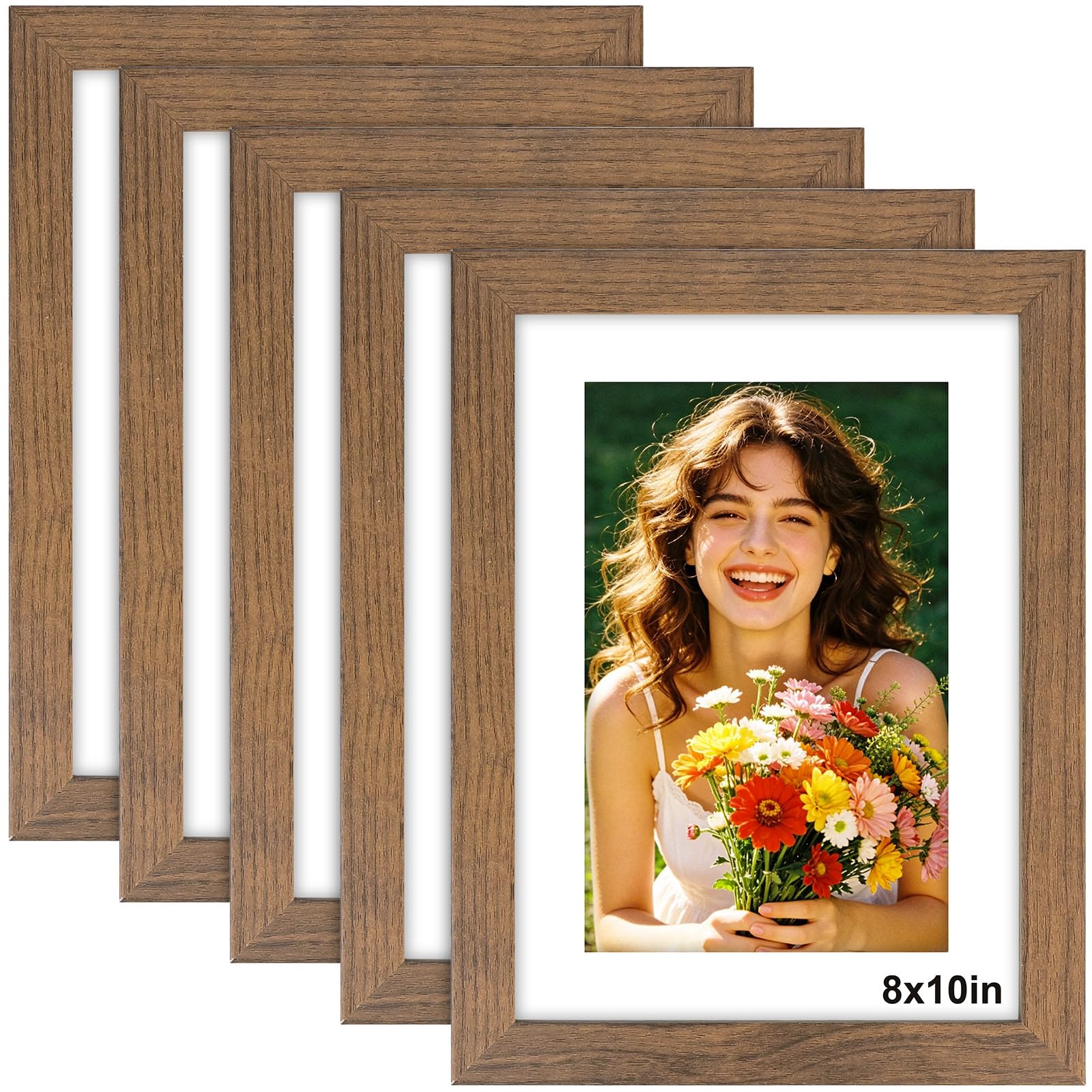 8x10 Photo Frame Wood Effect - 5 Pack 10x8 Picture Frames with Mount, Photo Frames 8x10 Picture Frame for Wall Mount & Desktop