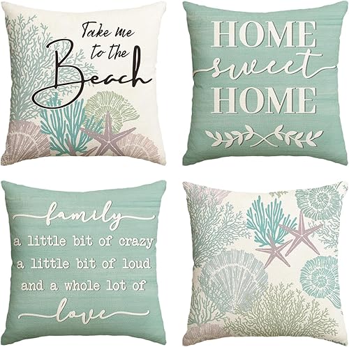 Miniatura 10 de AVOIN colorlife Summer Take Me to The Beach - Juego de 4 fundas de almohada de 16 x 16 pulgadas, diseño de estrella de mar coral con lema azul Home
