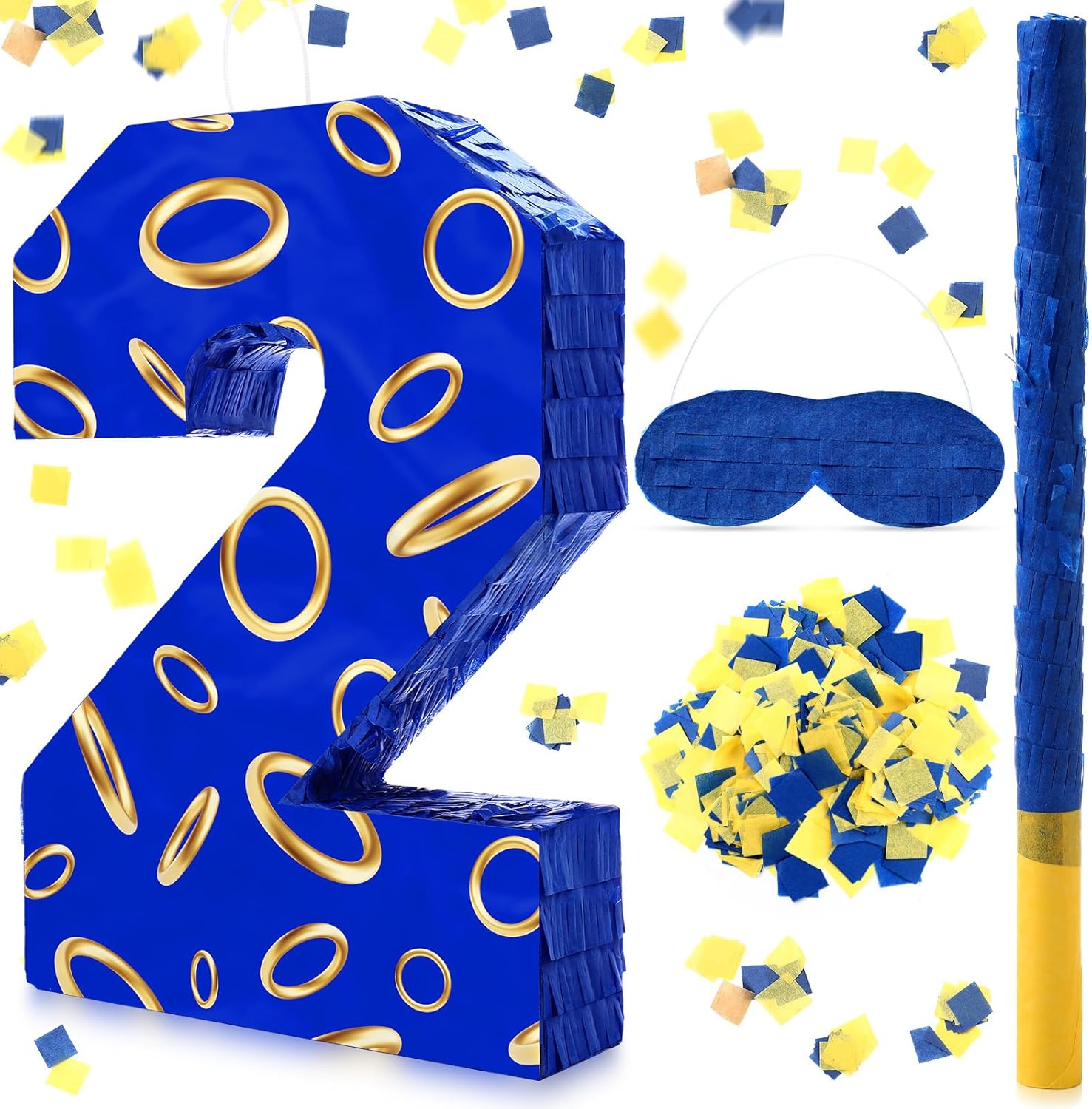 Simgoing Number 7 Blue and Golden Rings Piñata for Kids Birthday Cartoon Theme Small Piñata with Blindfold Stick Confetti for Fiesta Cinco De Mayo Party Decor, 15.8 x 11 x 2.8 Inch