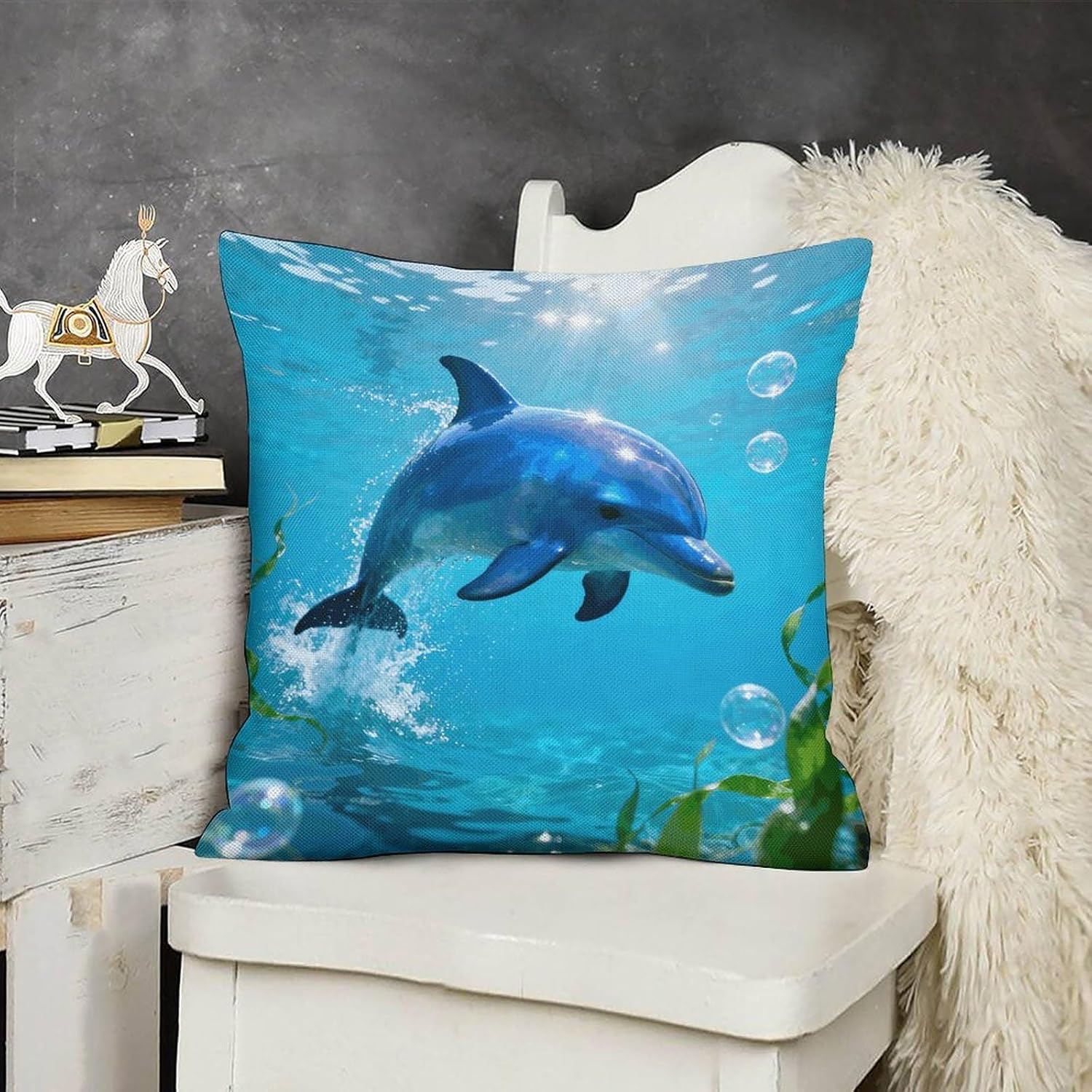 Blue Dolphin Pillow Protectors Cute Waterproof Pillow Cover Soft Skin-Friendly Cushion Case Decorative Square Cushion Cover for Couch Sofa Bed Living Room Bedroom