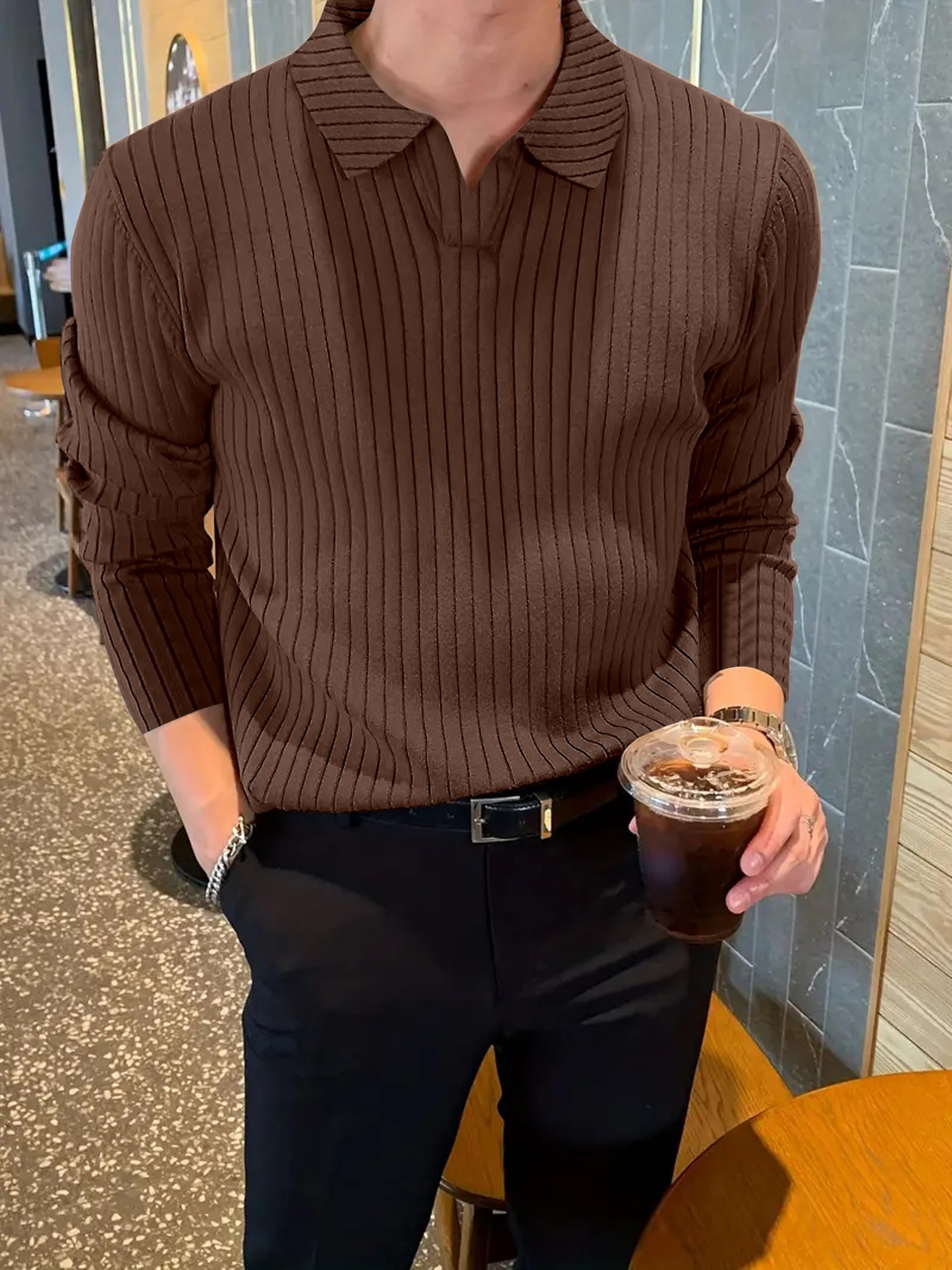 KAJARU Men's Ribbed Knit Polo T-Shirt, Long Sleeve (in, Alpha, M, Coffee) - Image 8 thumbnail