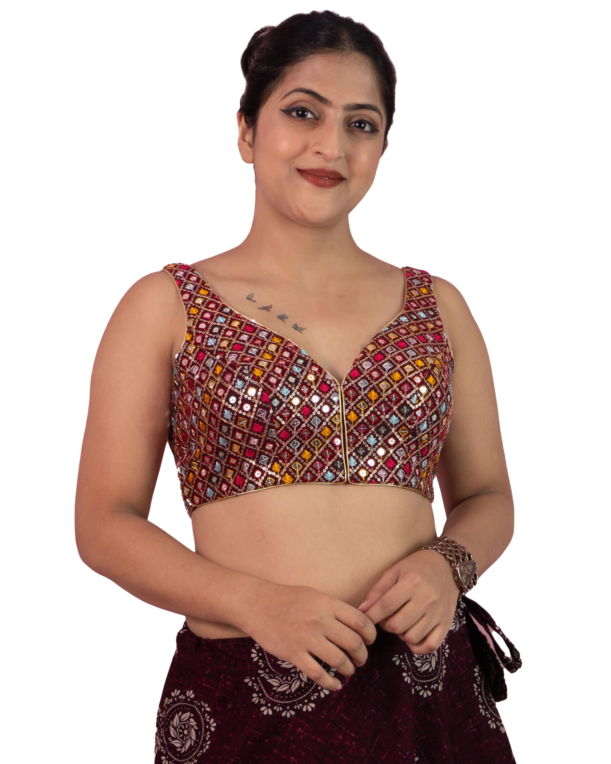 Women's Sequin Embroidered Designer Zari Lace Mirror Work V Neck Sleeveless Readymade Saree Blouse Padded Stitched Lining Plus Size Pink Red Yellow White Maroon Multicolor Top | E4-image-39