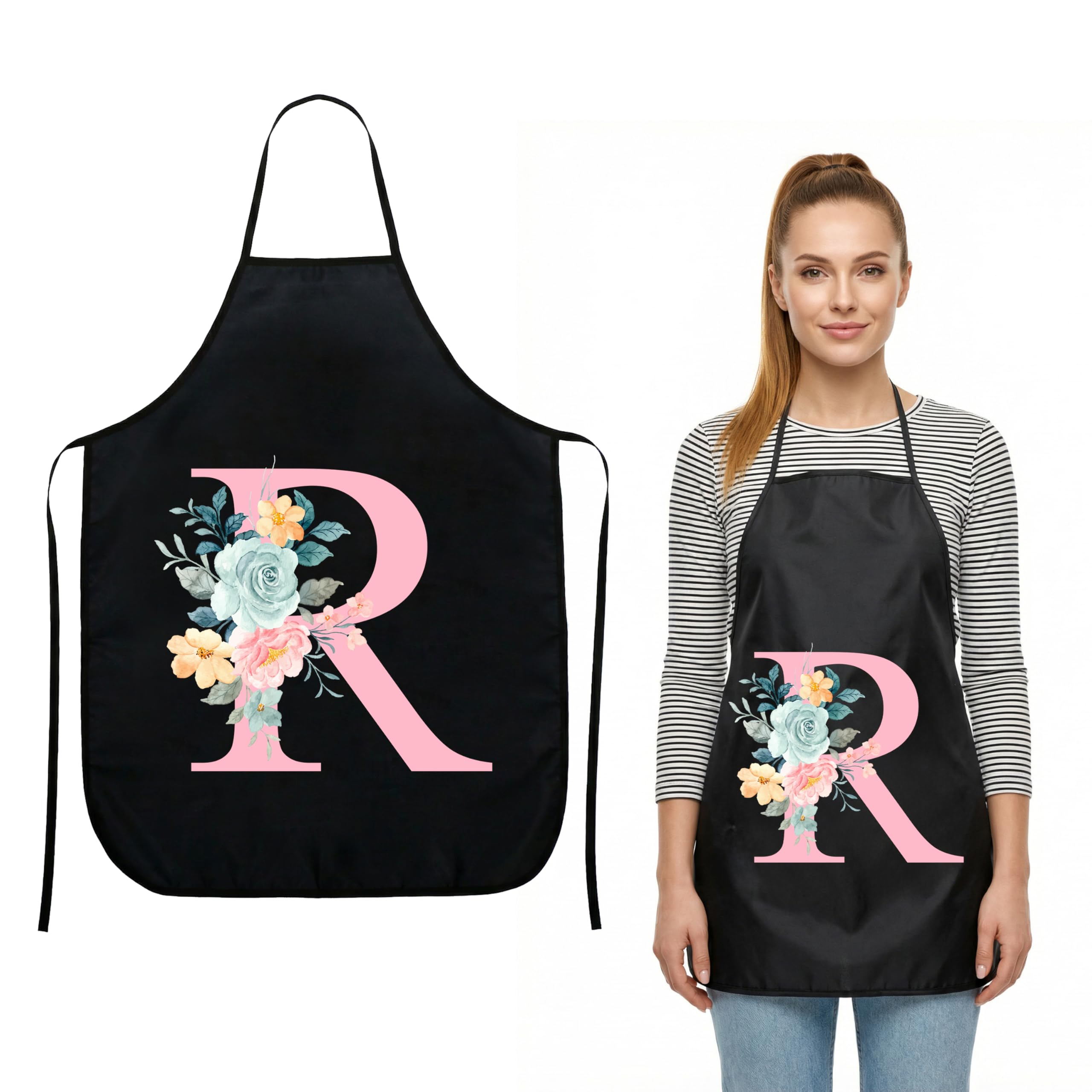 JEKUGOT Kitchen Apron for Women Waterproof Cooking Apron with Floral Letter Design, Adjustable Waist Tie BBQ Baking Gardening Birthday Gifts for Women (Black R) — image 1