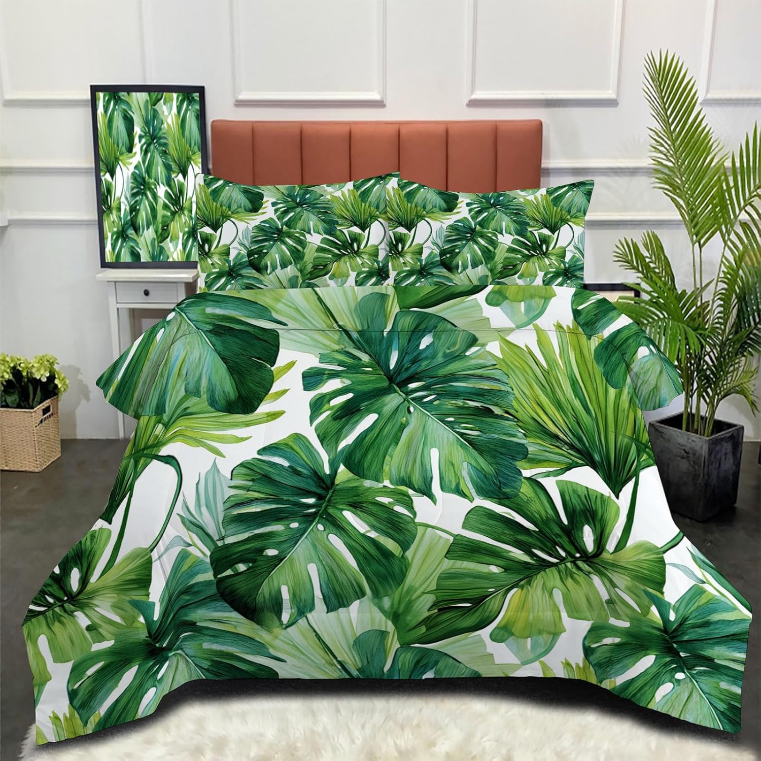 3D Tropical Leaves Comforter Set Queen Size Bedding Set Botanical Watercolor Painting All Season Down Comforter Printed Quilted with 2 Pillow Shams for Kids, Teens, Adults 90 x 90in Green