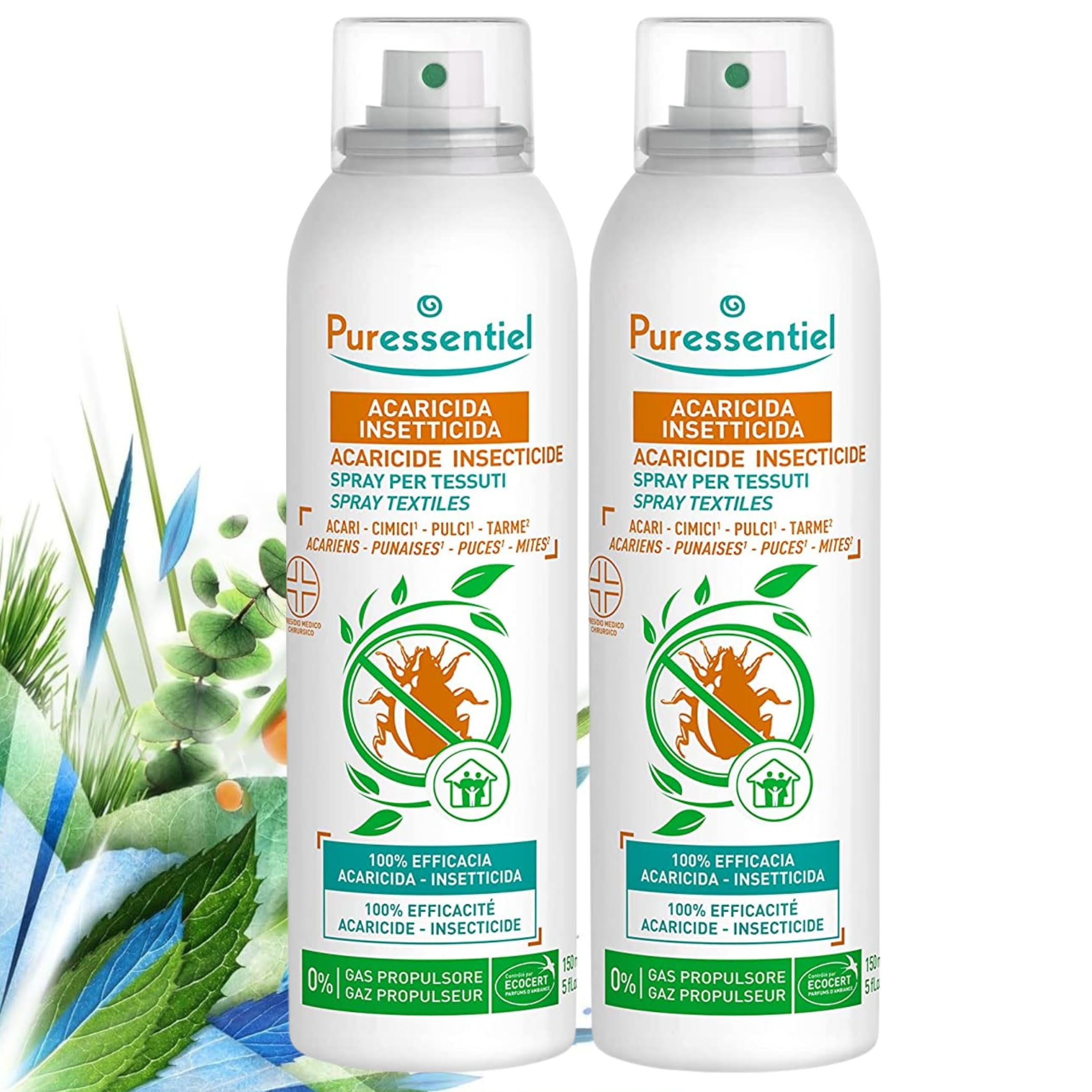 N.2 Acaricida Spray Insetticida da 150ml per tessuti, Presidio Medico Chirurgico, Profumo fresco e gradevole